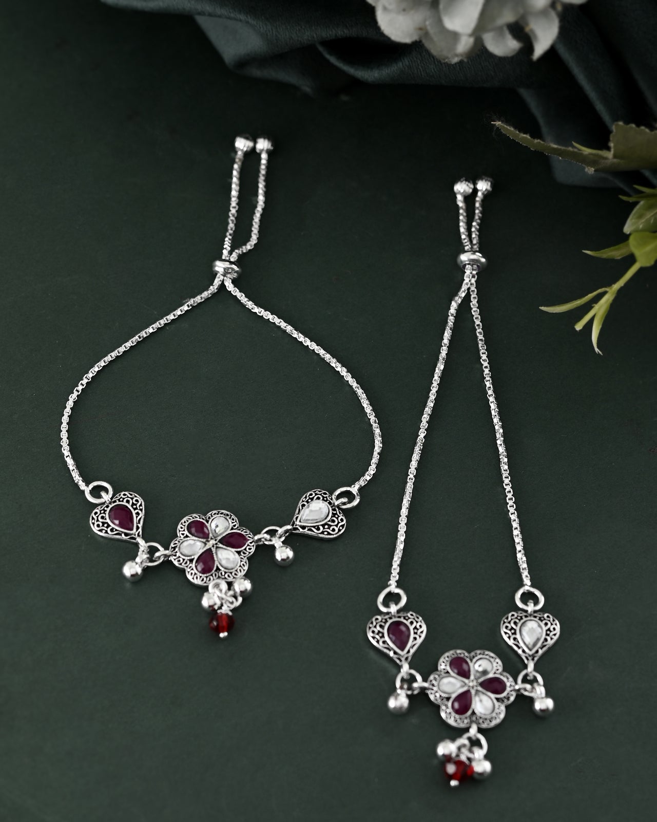 VOJ Set of 2 Silver Plated Floral Meenakari Anklet