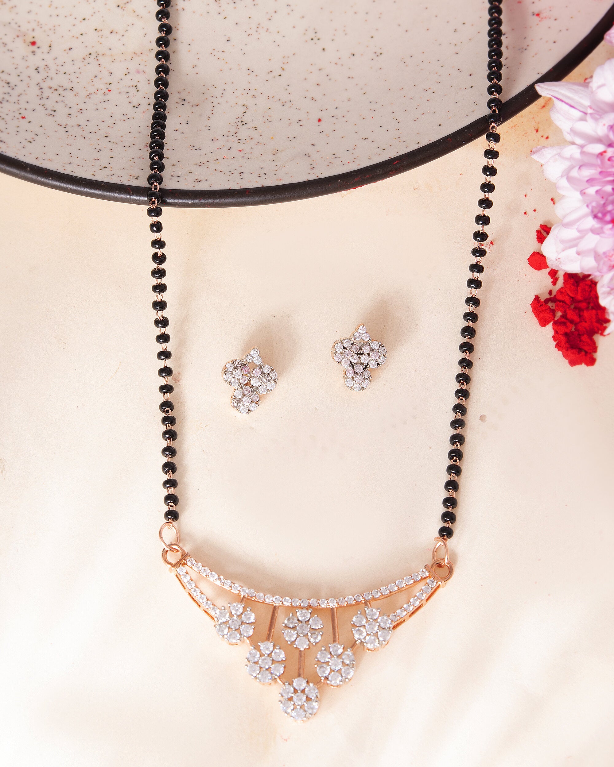 VOJ Rose Gold Toned AD Stone Studded Floral MangalSutra Set - Distacart