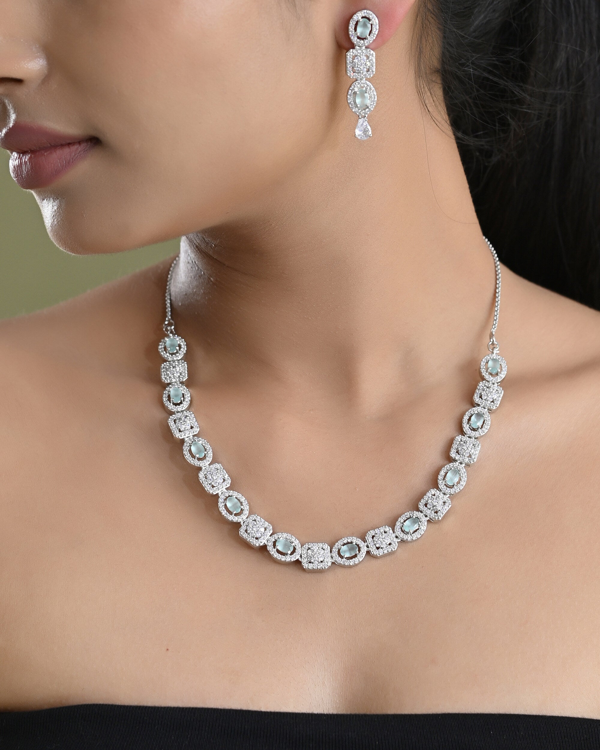 VOJ Silver Plated Mint Green Stone AD Jewellery Set - Distacart