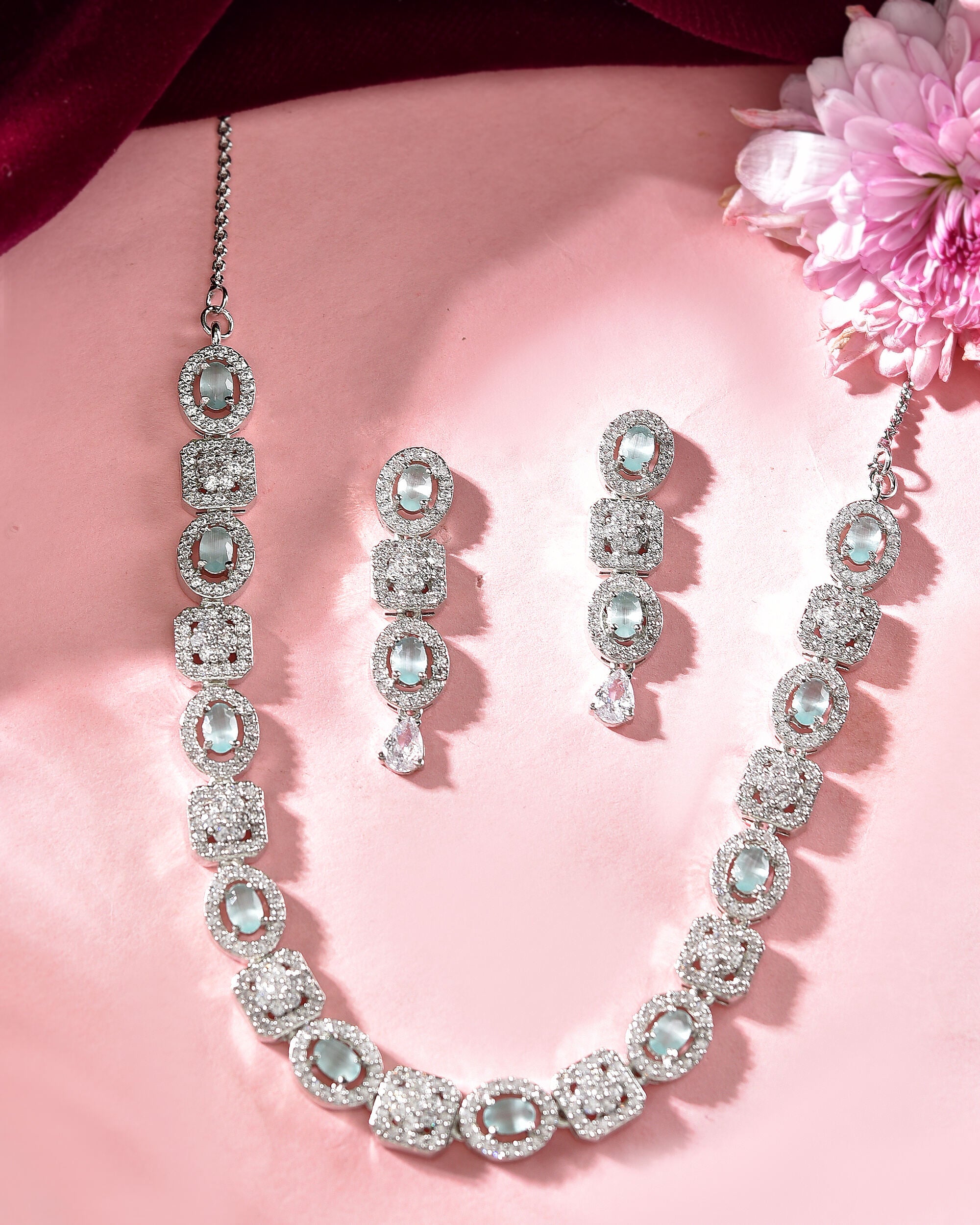 VOJ Silver Plated Mint Green Stone AD Jewellery Set - Distacart