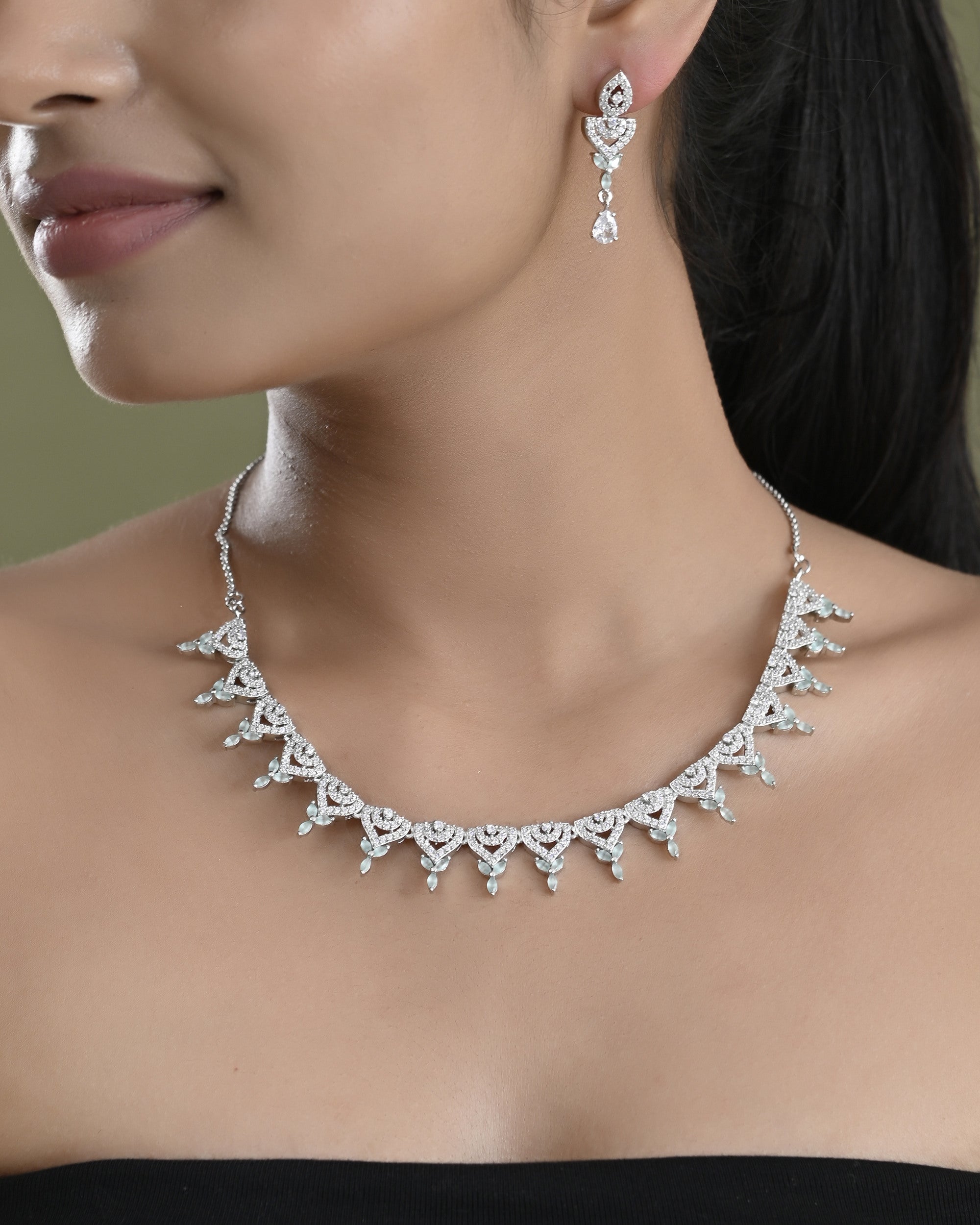 VOJ Silver Plated Mint Green Stone AD Necklace And Earrings Set - Distacart