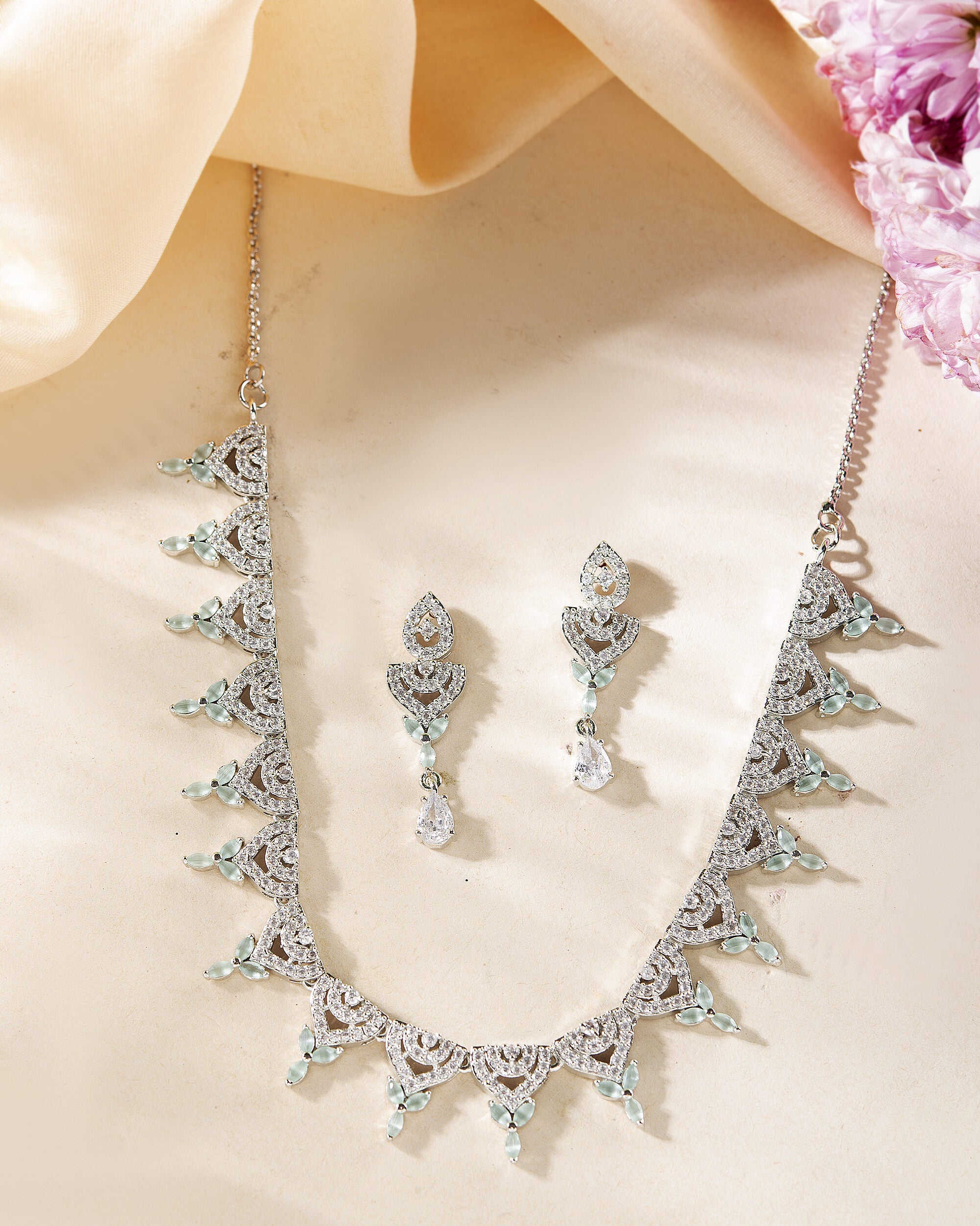 VOJ Silver Plated Mint Green Stone AD Necklace And Earrings Set - Distacart