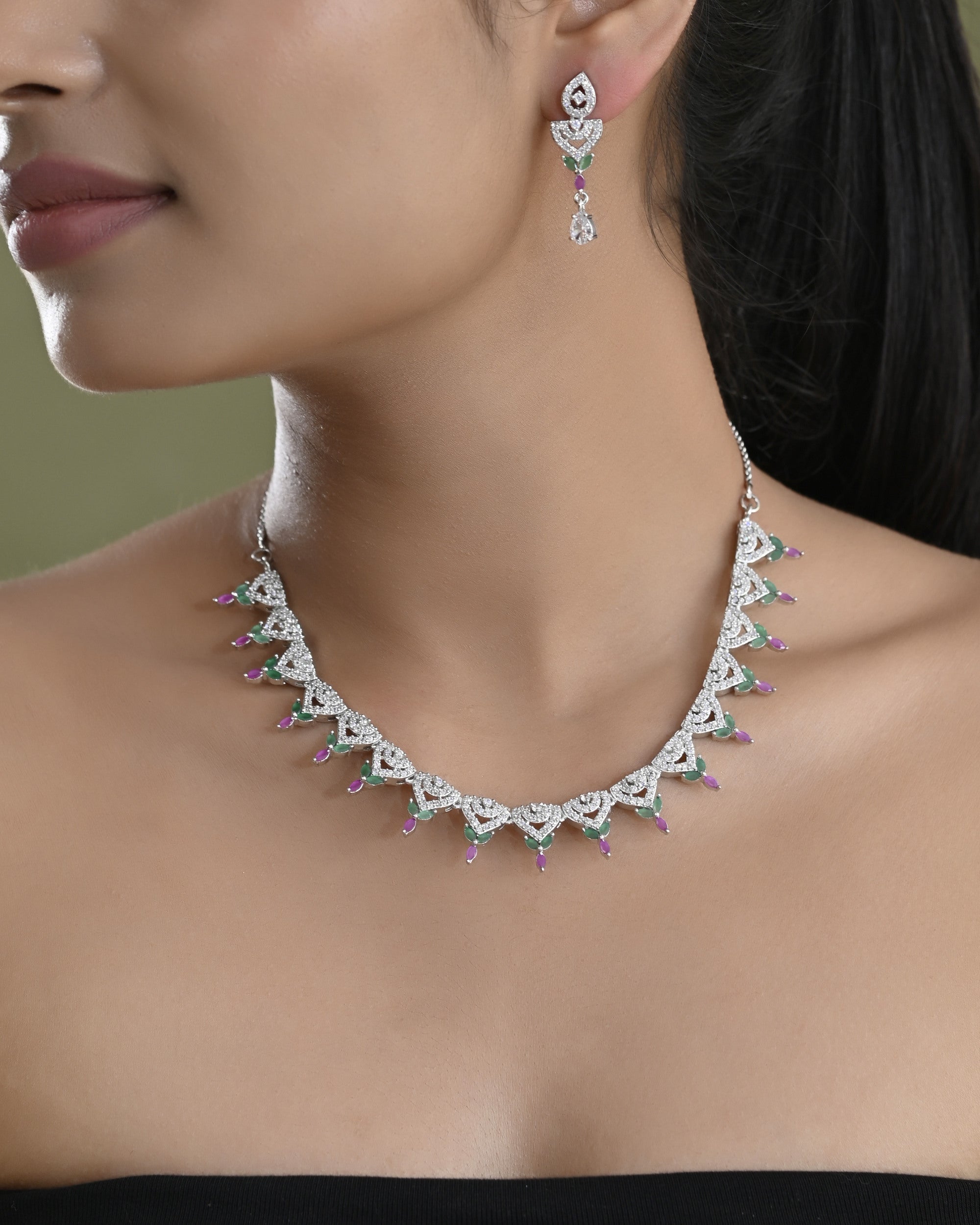 VOJ Silver Plated Green And Pink Stone AD Necklace And Earrings Set - Distacart