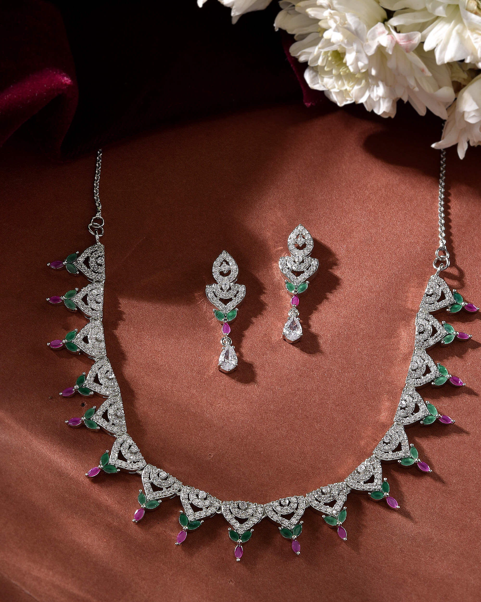 VOJ Silver Plated Green And Pink Stone AD Necklace And Earrings Set - Distacart