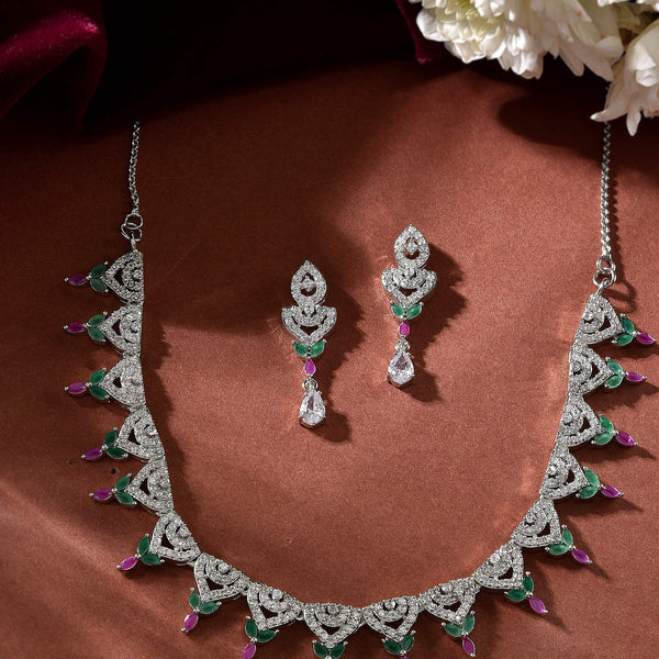 VOJ Silver Plated Green And Pink Stone AD Necklace And Earrings Set - Distacart