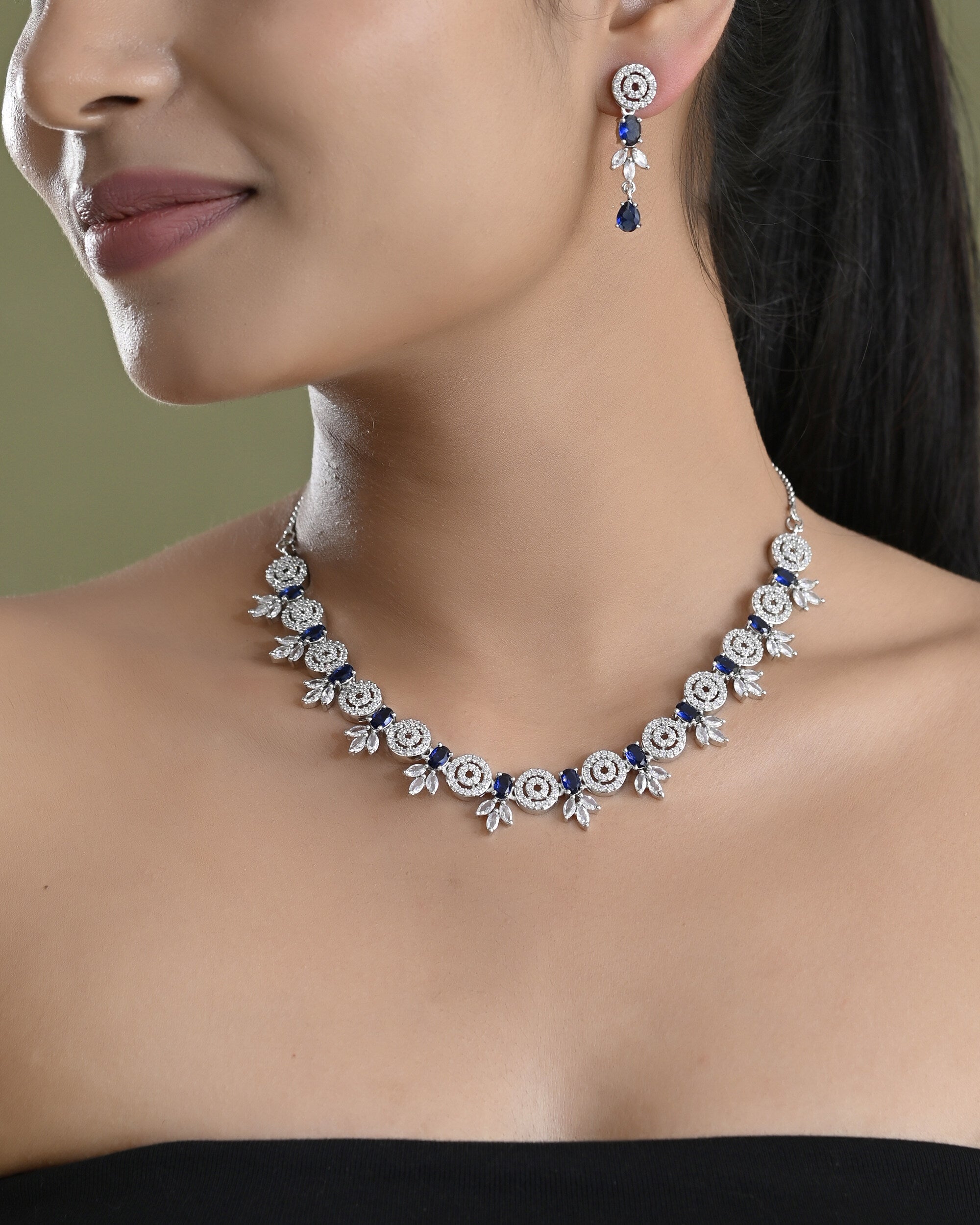 VOJ Silver Plated Dark Blue Stone Circular AD Jewellery Set - Distacart