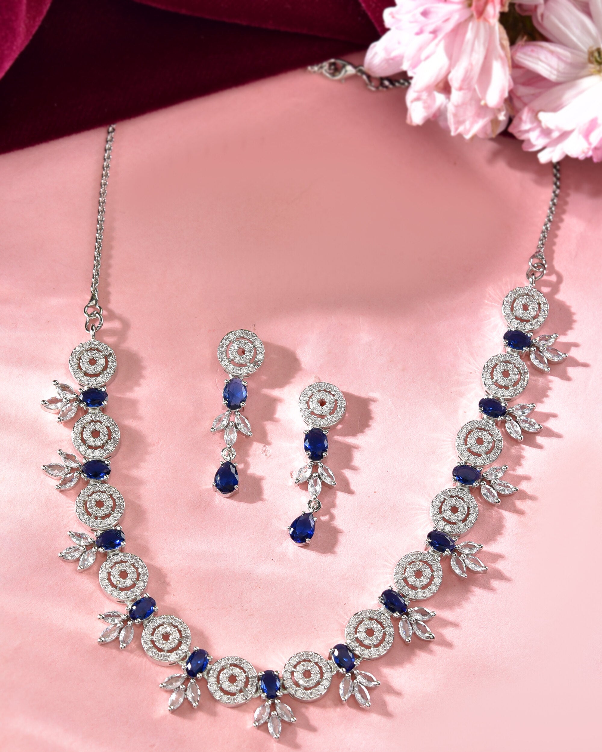 VOJ Silver Plated Dark Blue Stone Circular AD Jewellery Set - Distacart