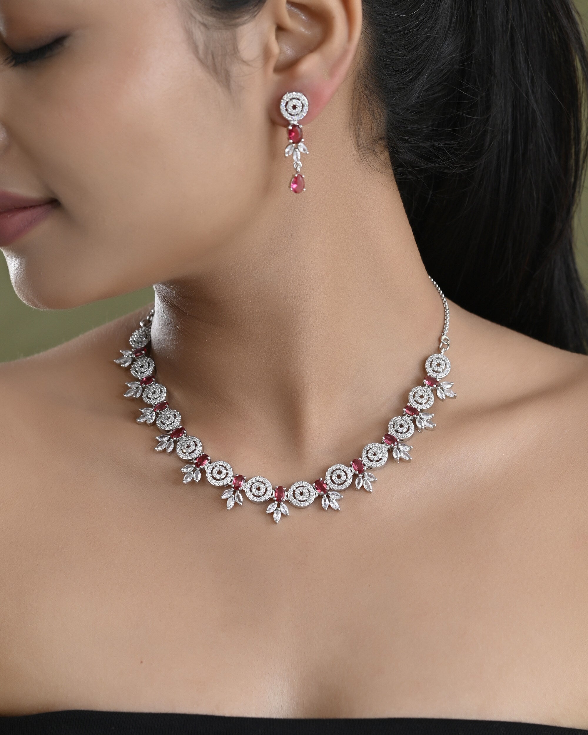 VOJ Silver Plated Pink Stone Circular AD Jewellery Set - Distacart