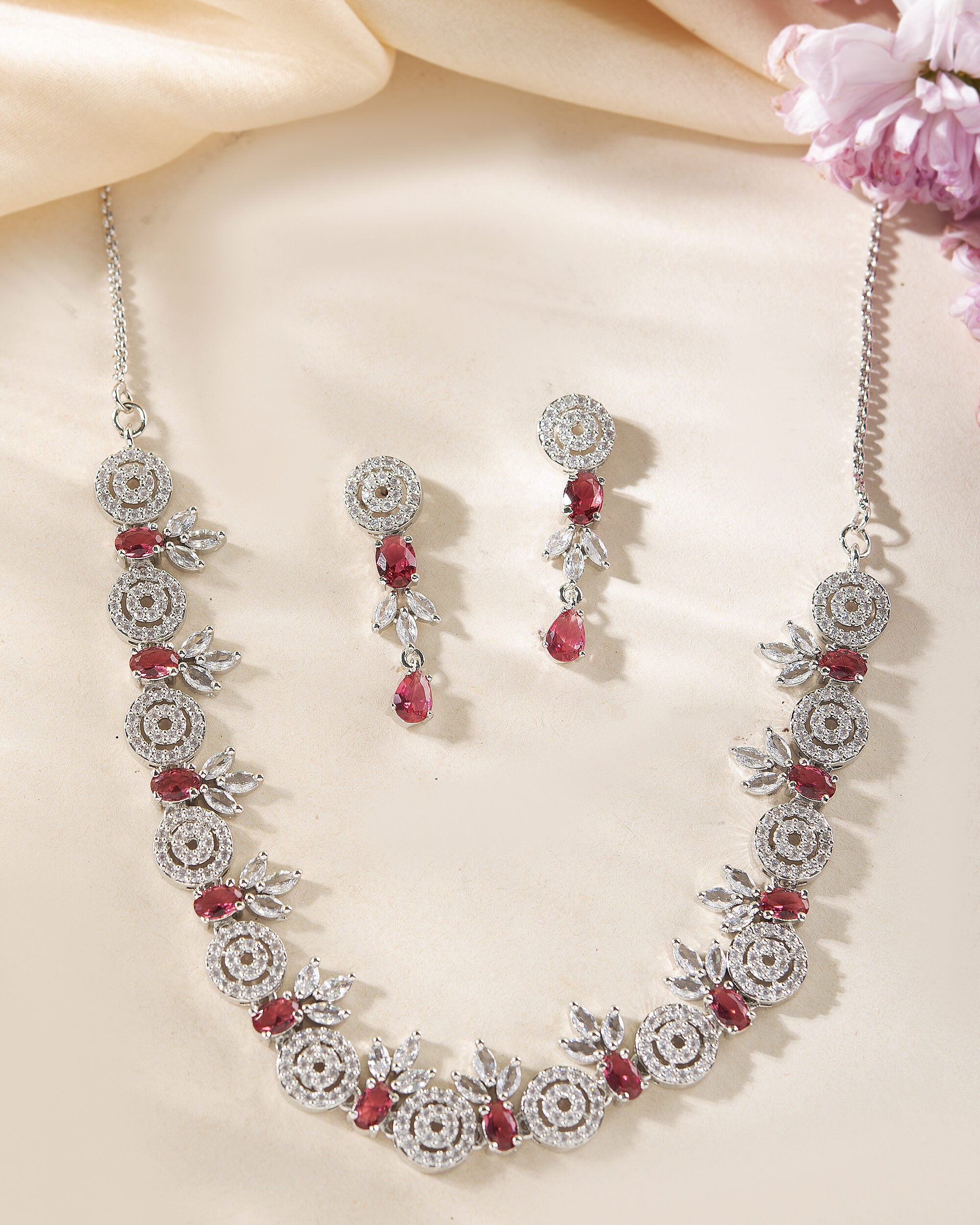 VOJ Silver Plated Pink Stone Circular AD Jewellery Set - Distacart