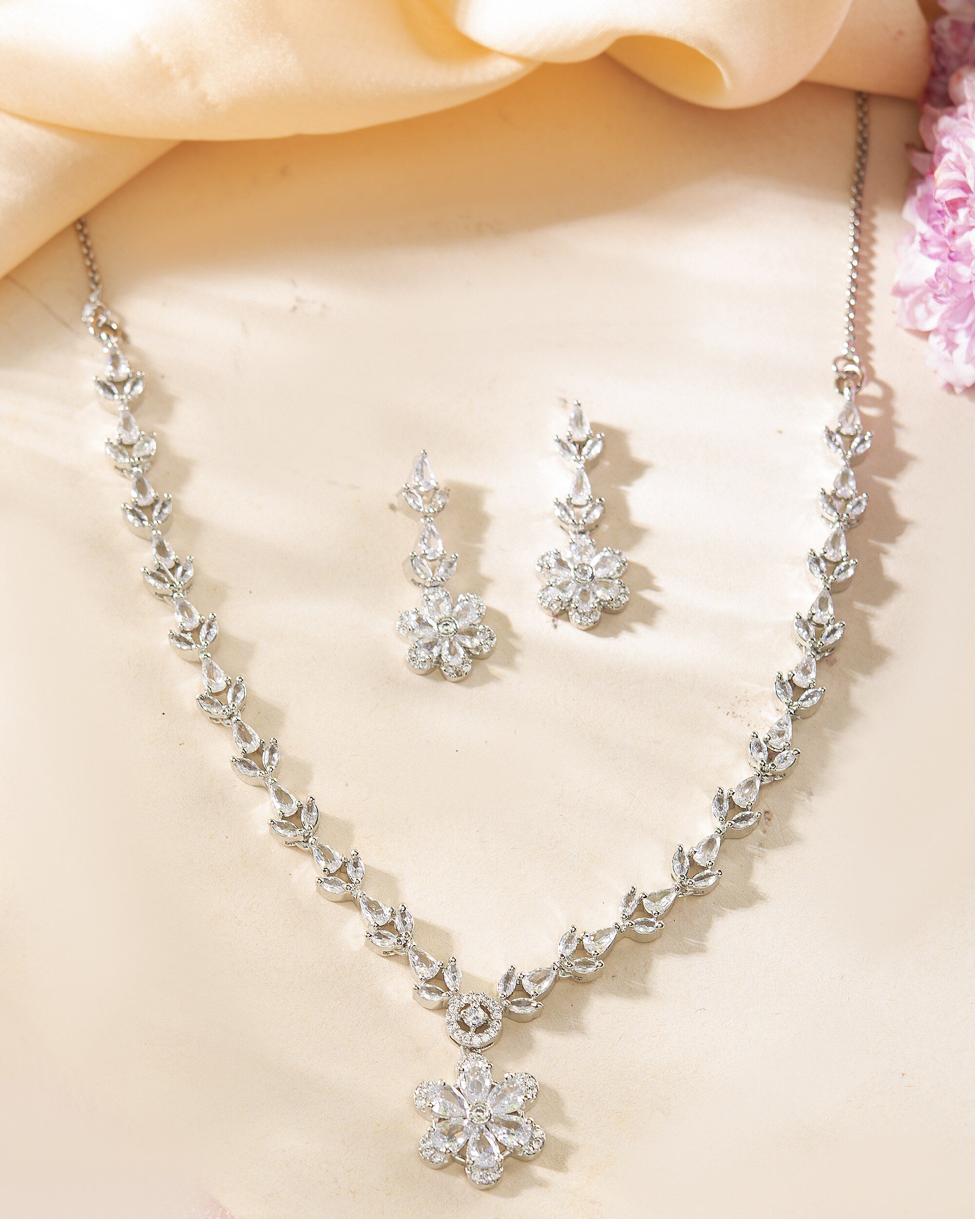 VOJ Silver Plated Floral AD Jewellery Set - Distacart