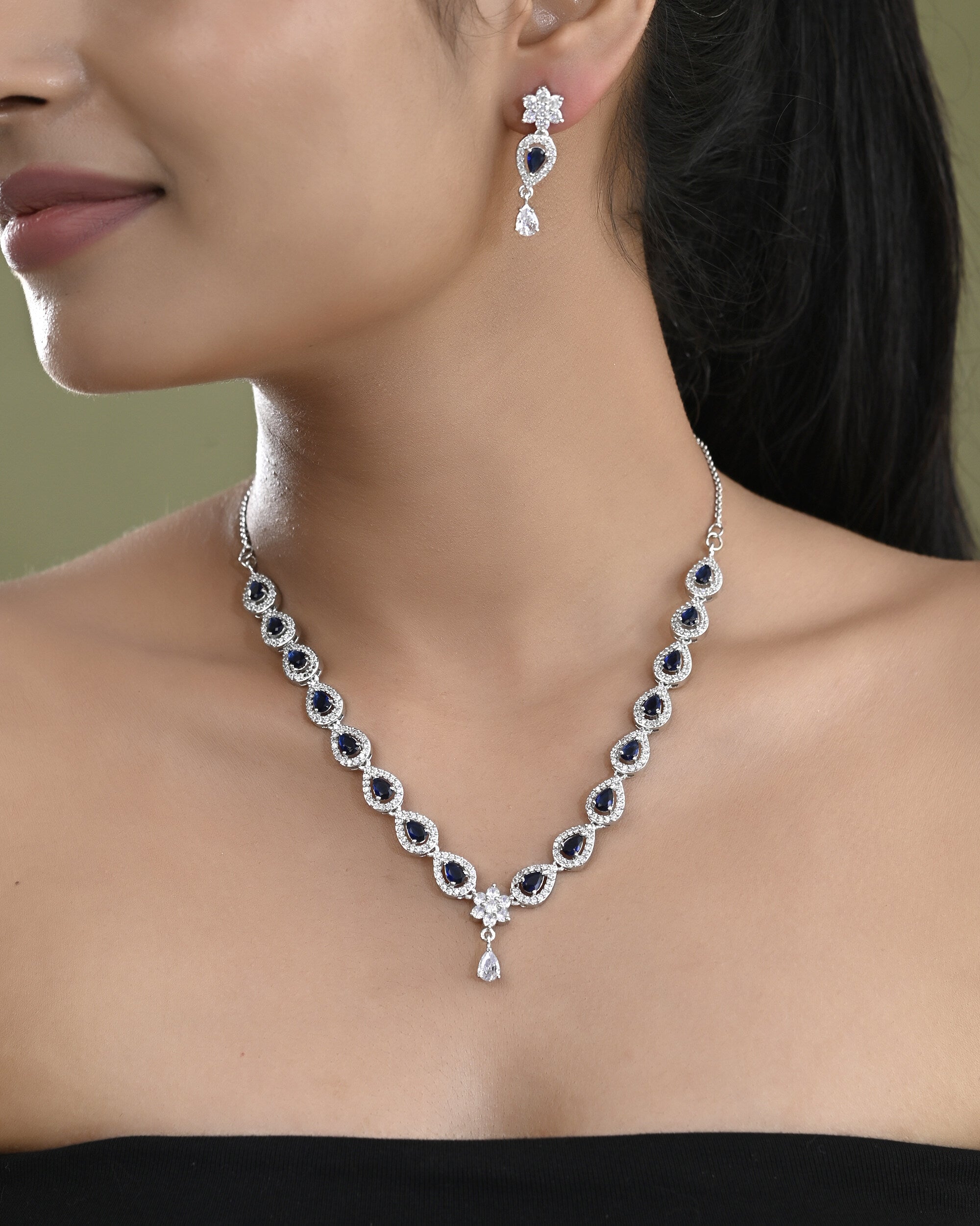 VOJ Silver Plated Dark Stone Tear Drop Shaped AD Jewellery Set - Distacart