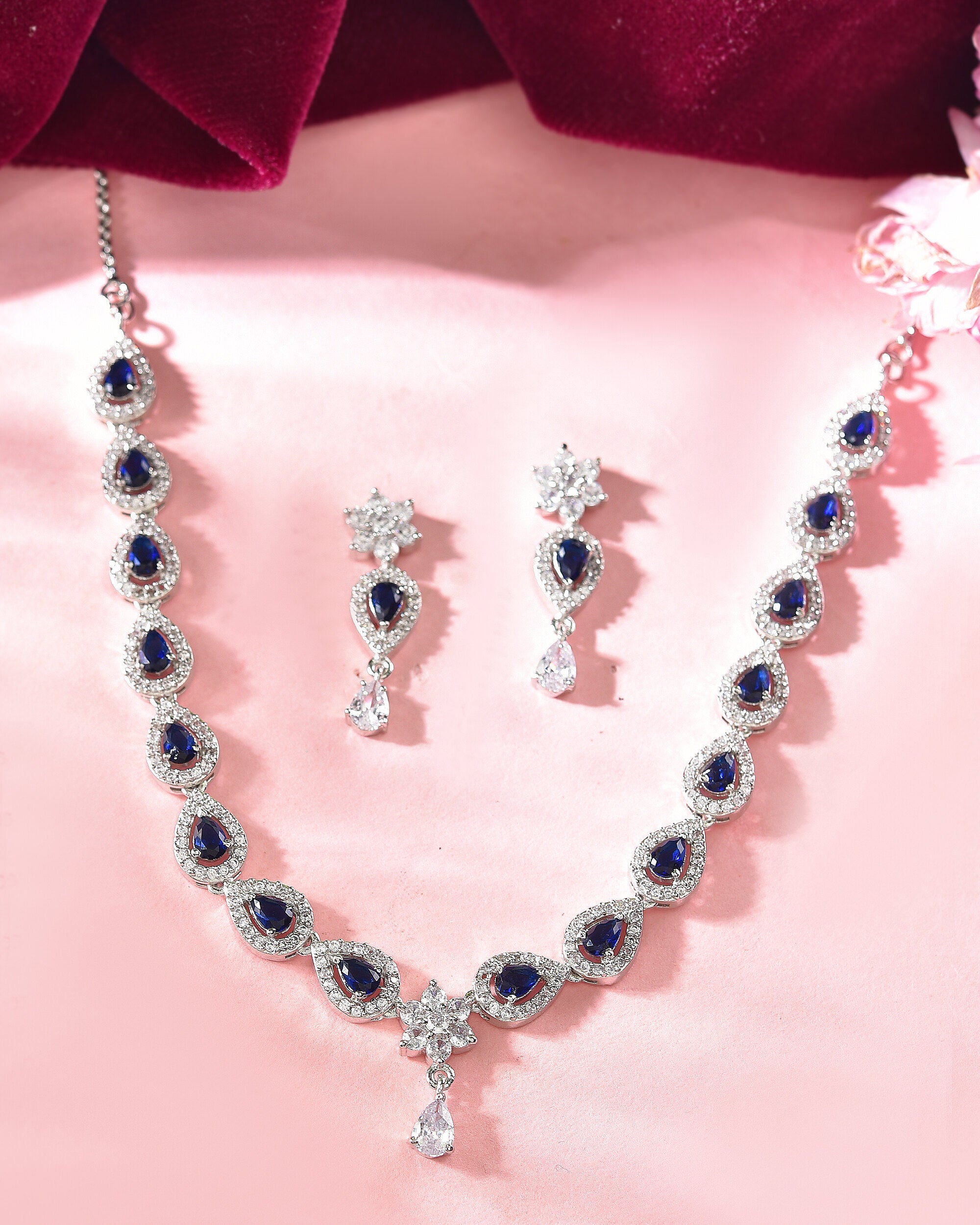 VOJ Silver Plated Dark Stone Tear Drop Shaped AD Jewellery Set - Distacart