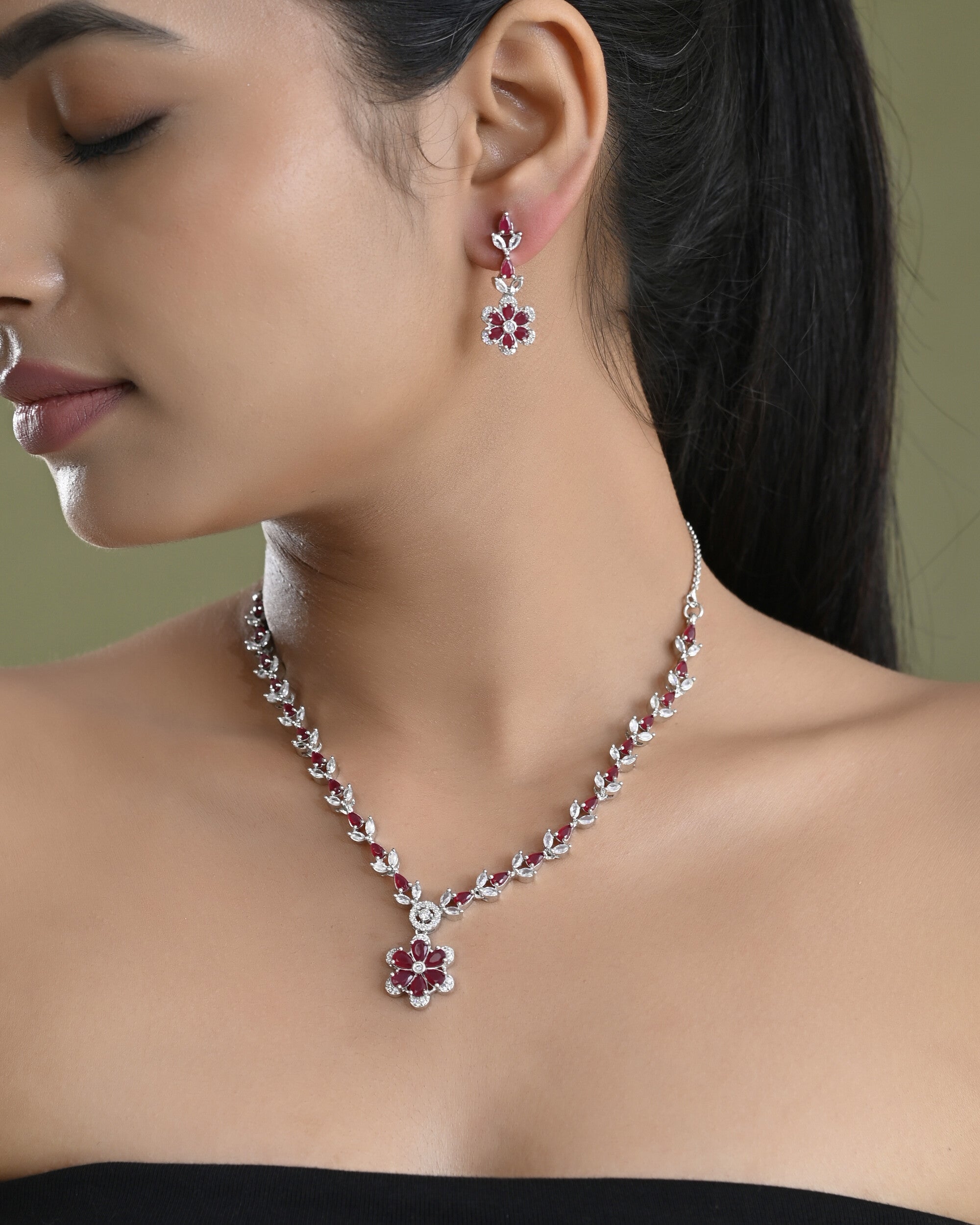 VOJ Silver Plated Marron Stone Floral AD Jewellery Set - Distacart