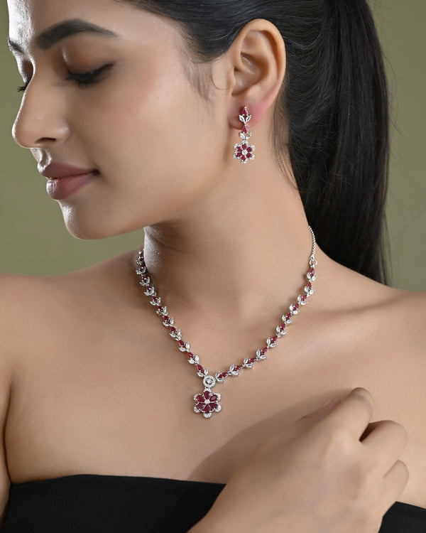 VOJ Silver Plated Baby Pink AD Stone Studded Designer Jewellery Set With Mangtikka main image 1