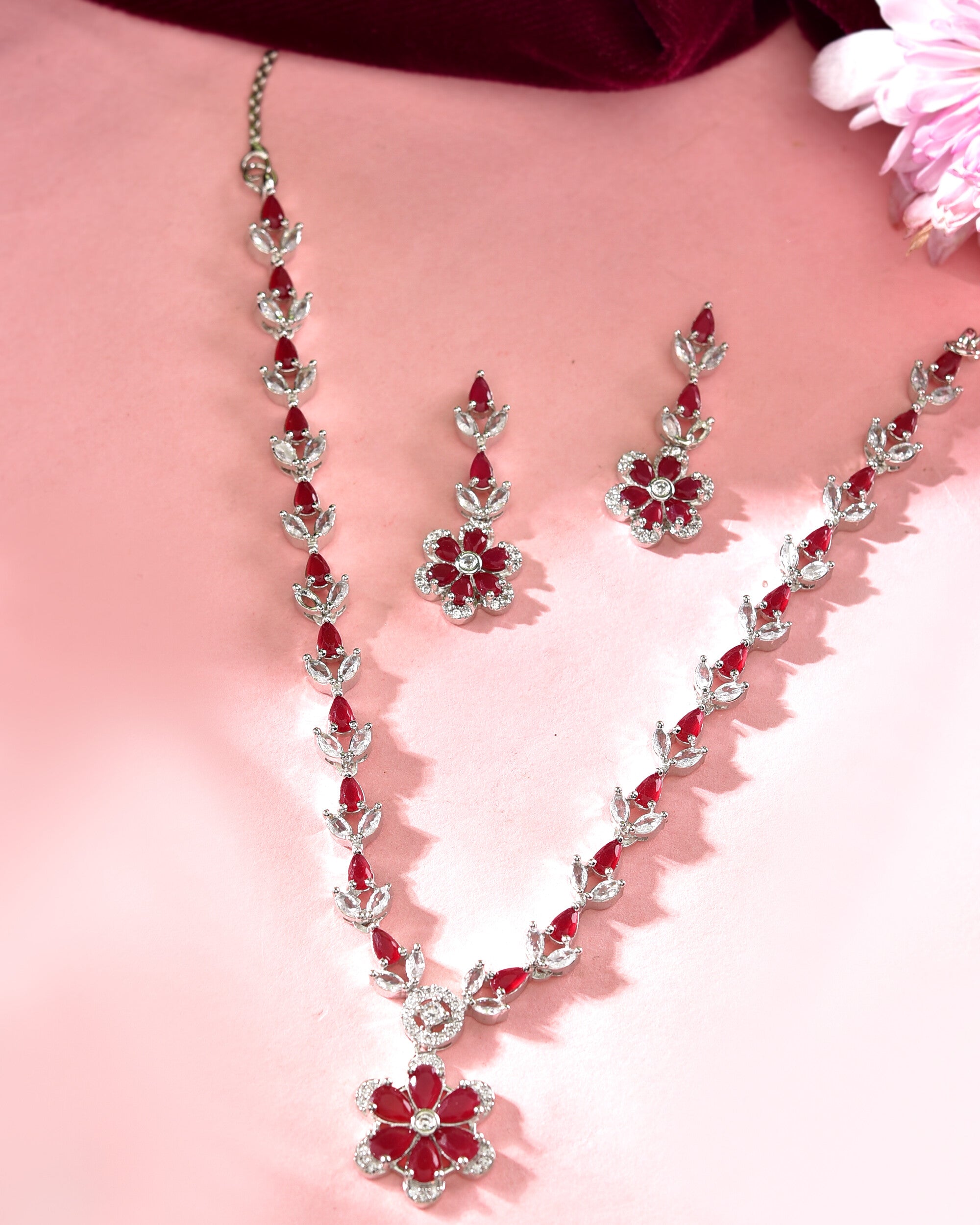 VOJ Silver Plated Marron Stone Floral AD Jewellery Set - Distacart