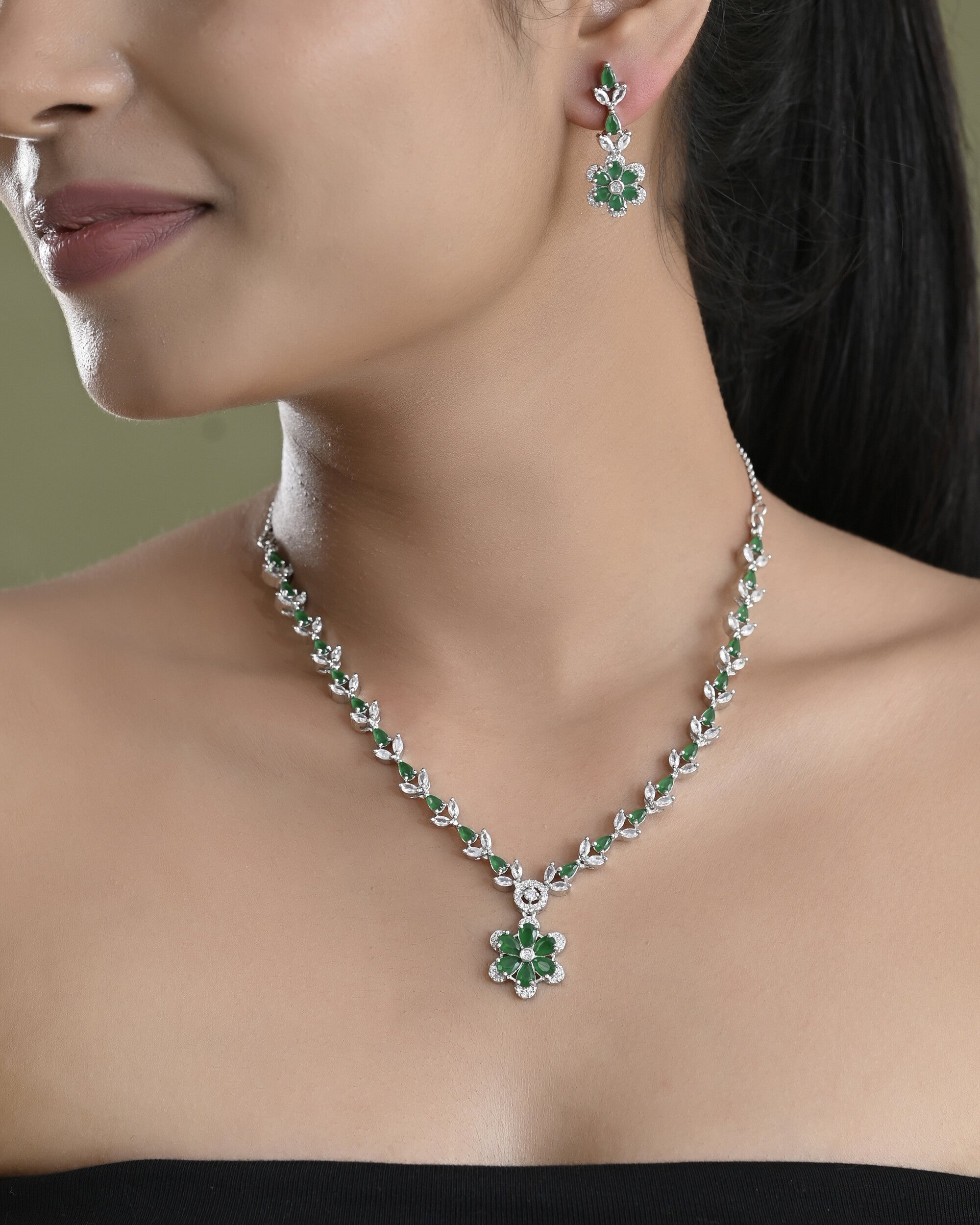 VOJ Silver Plated Green Stone Floral AD Jewellery Set - Distacart