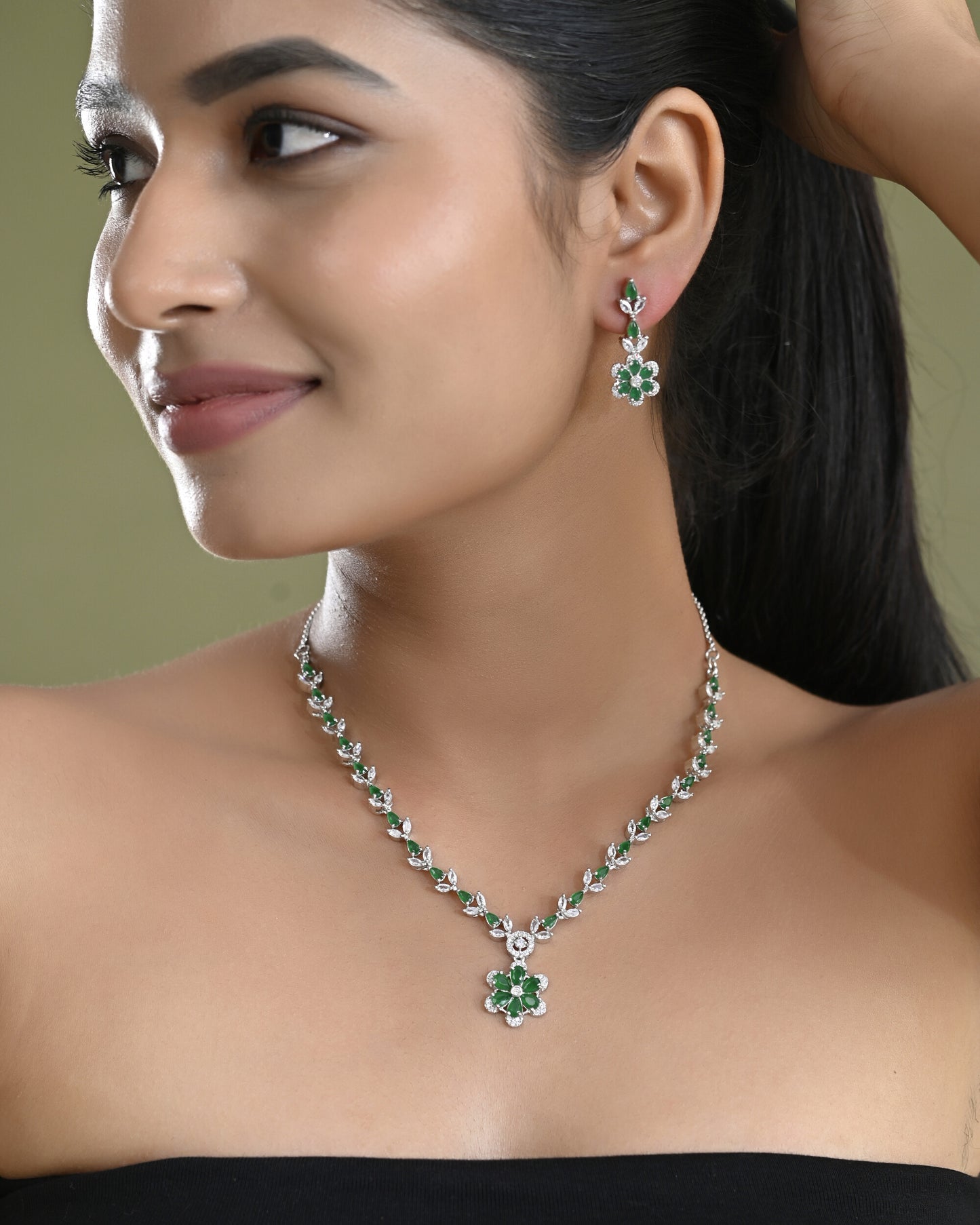 VOJ Silver Plated Green Stone Floral AD Jewellery Set - Distacart