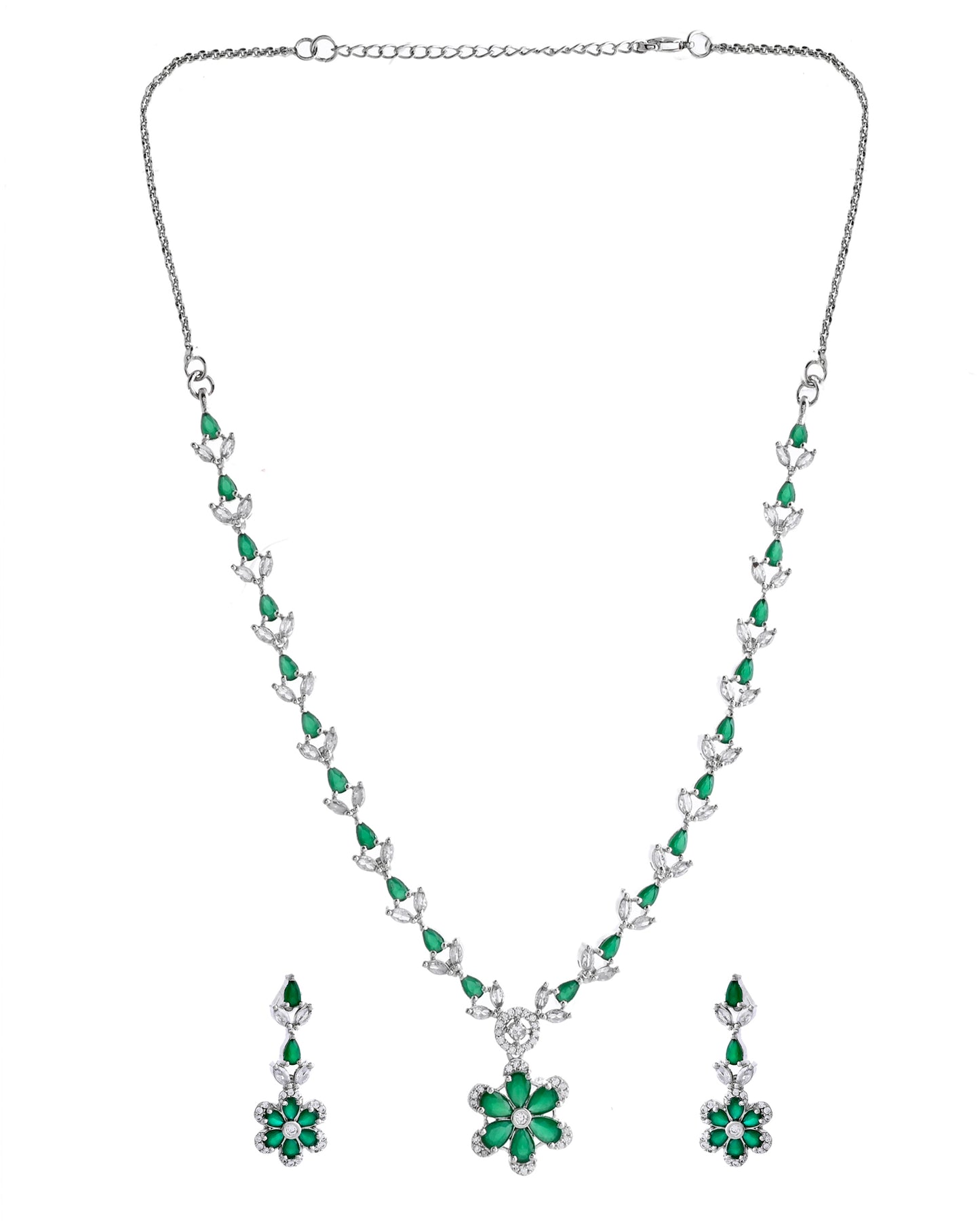 VOJ Silver Plated Green Stone Floral AD Jewellery Set - Distacart