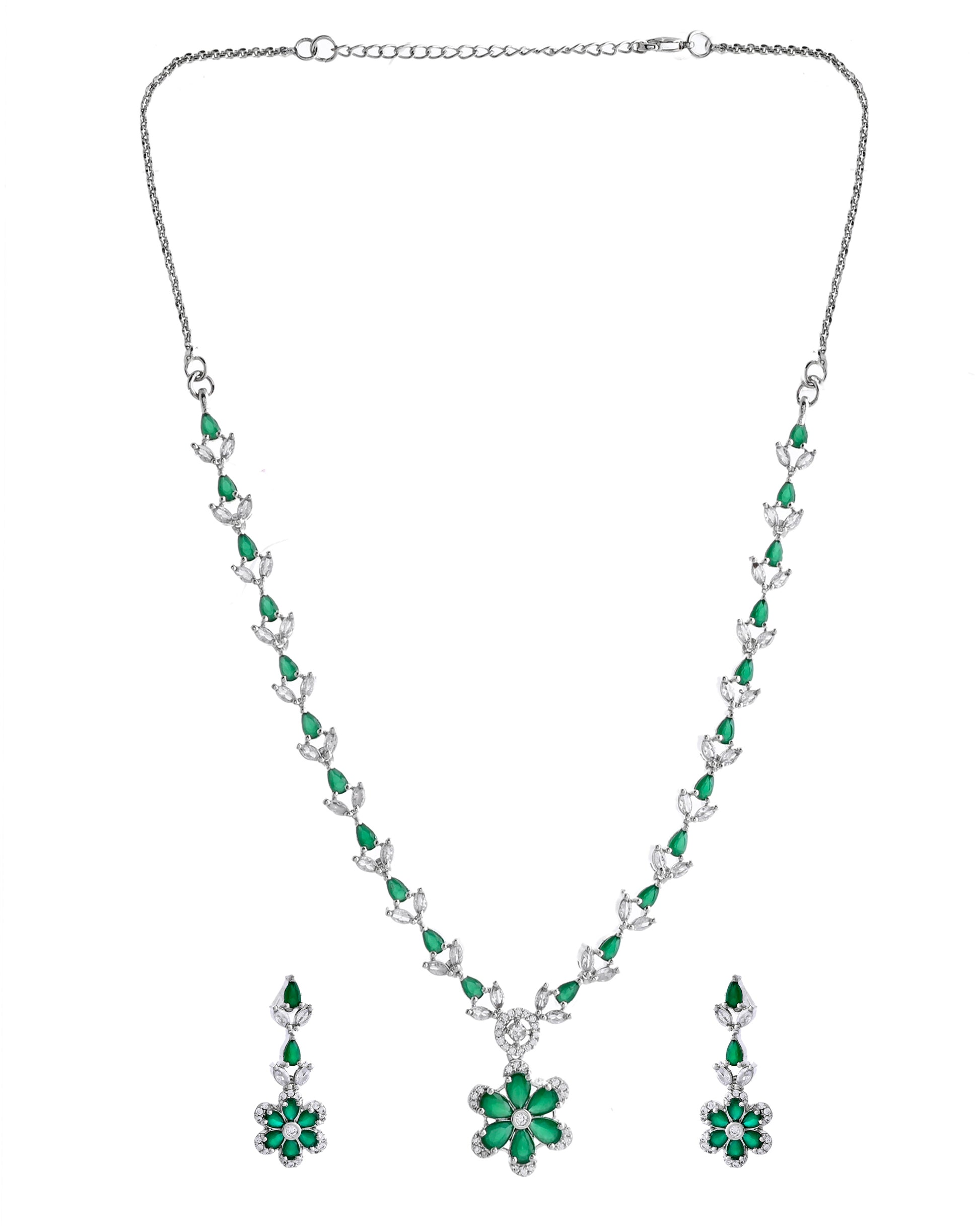 VOJ Silver Plated Green Stone Floral AD Jewellery Set - Distacart