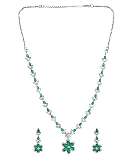 VOJ Silver Plated Green Stone Floral AD Jewellery Set - Distacart