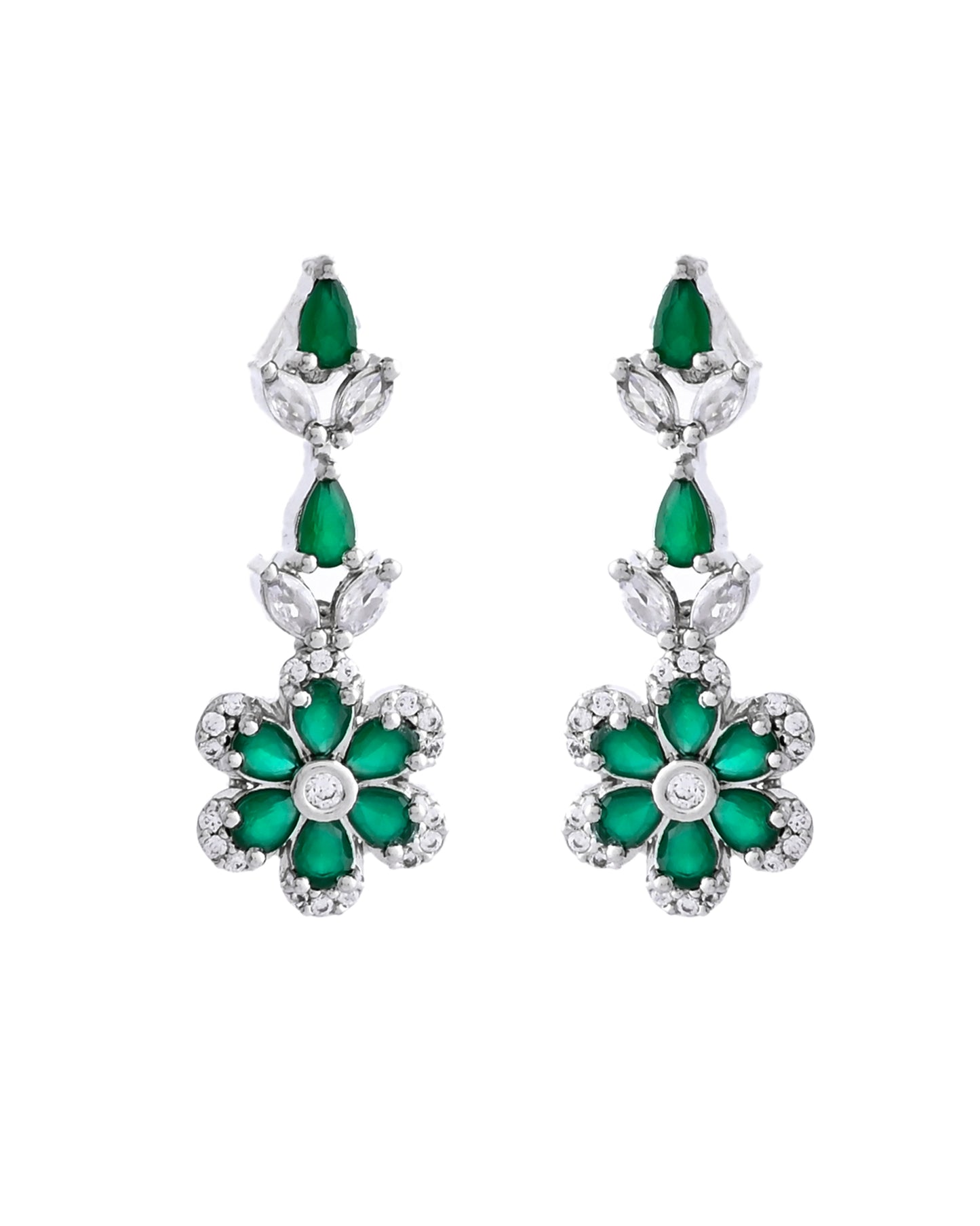 VOJ Silver Plated Green Stone Floral AD Jewellery Set - Distacart