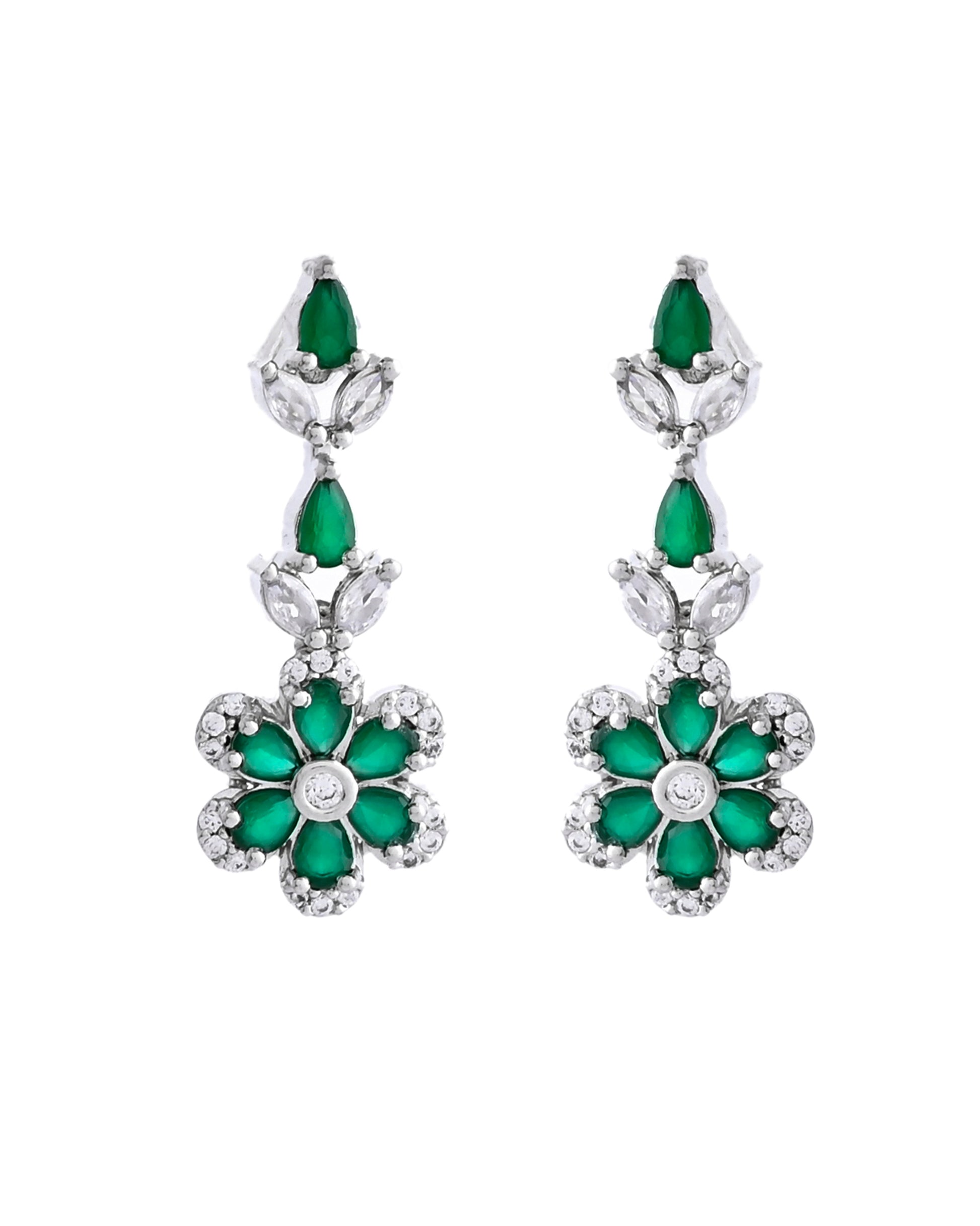 VOJ Silver Plated Green Stone Floral AD Jewellery Set - Distacart