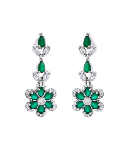 VOJ Silver Plated Green Stone Floral AD Jewellery Set - Distacart