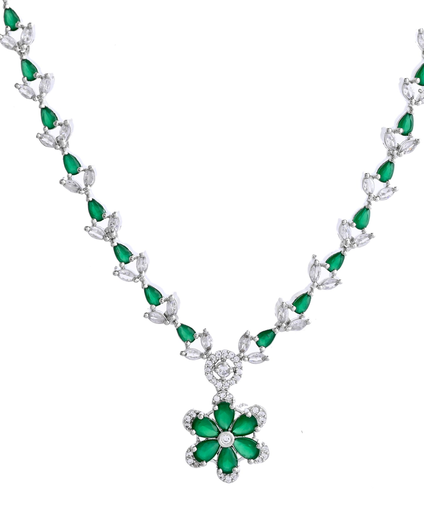 VOJ Silver Plated Green Stone Floral AD Jewellery Set - Distacart