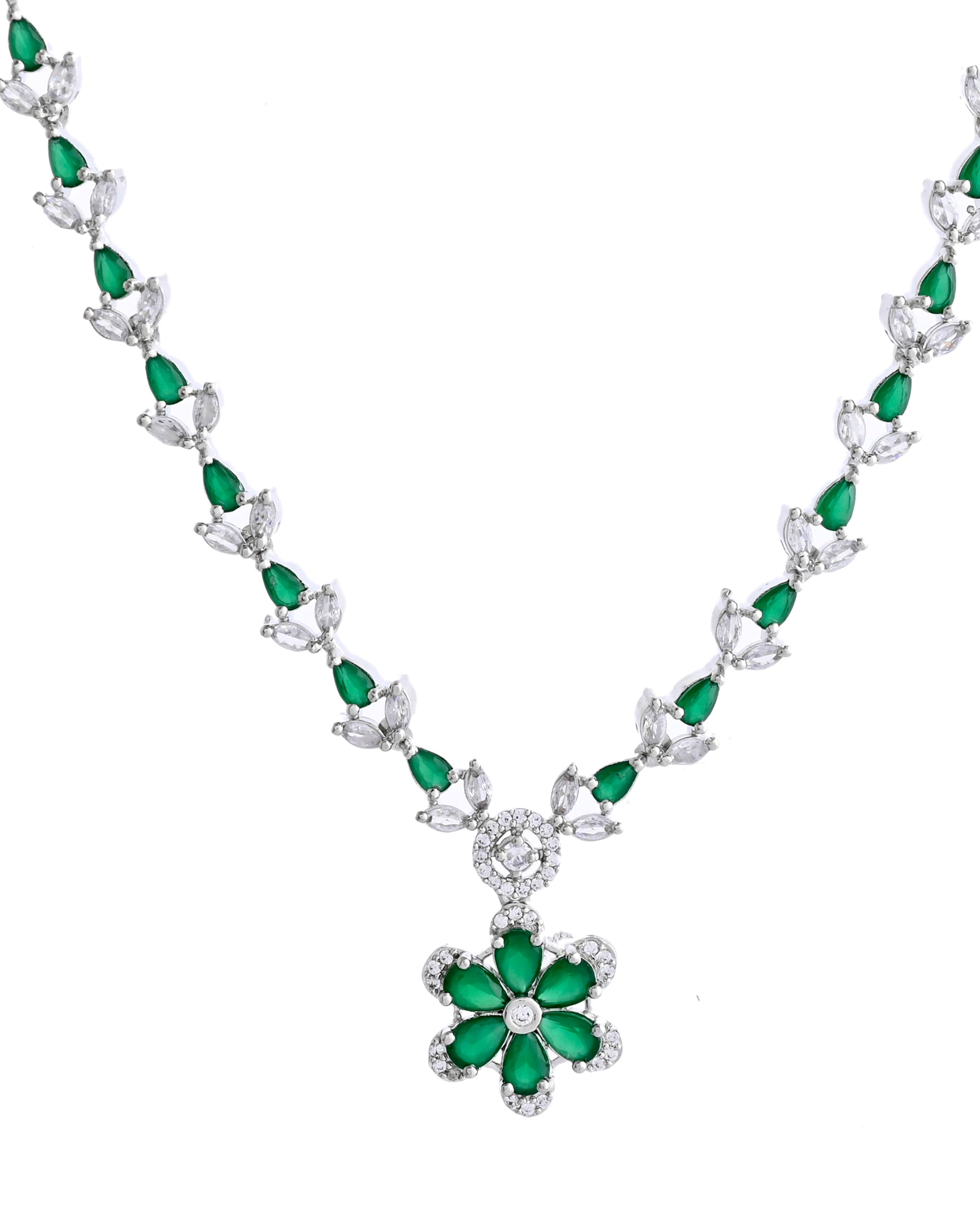 VOJ Silver Plated Green Stone Floral AD Jewellery Set - Distacart