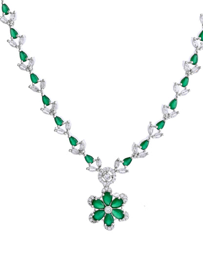 VOJ Silver Plated Green Stone Floral AD Jewellery Set - Distacart