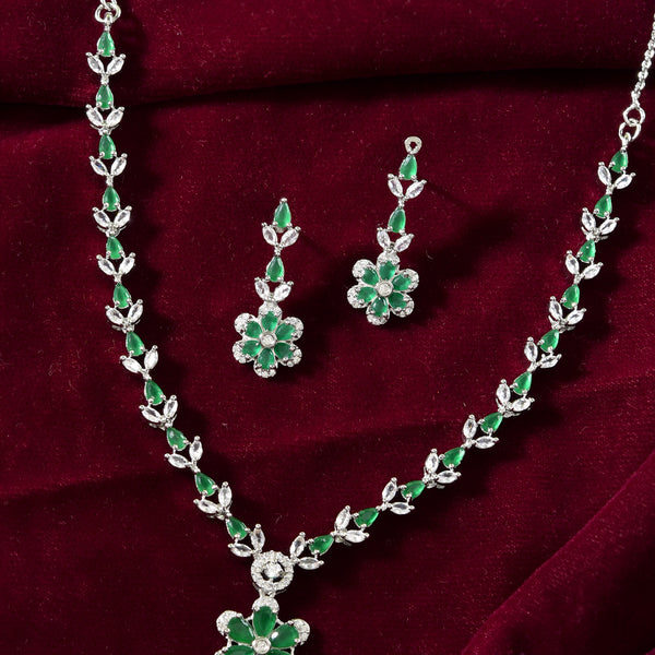 VOJ Silver Plated Green Stone Floral AD Jewellery Set - Distacart