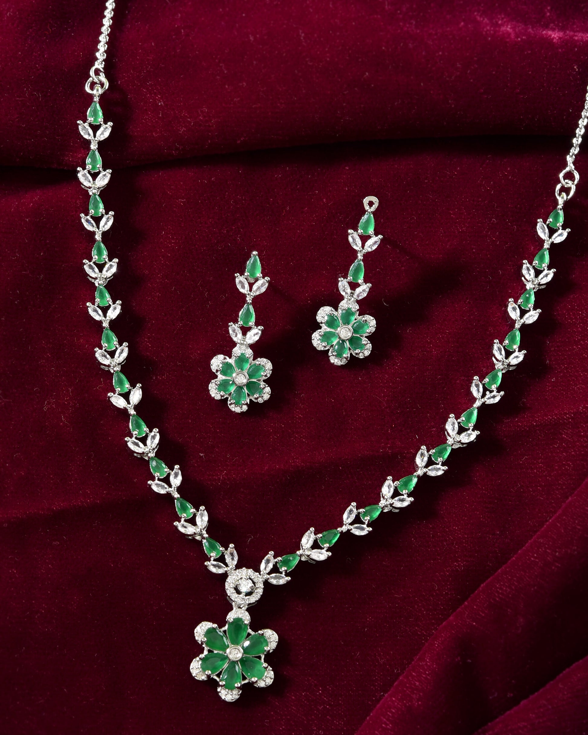 VOJ Silver Plated Green Stone Floral AD Jewellery Set - Distacart