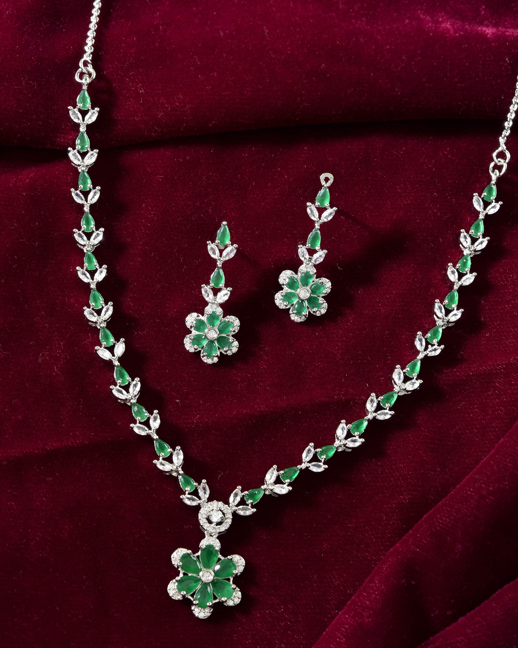 VOJ Silver Plated Green Stone Floral AD Jewellery Set - Distacart
