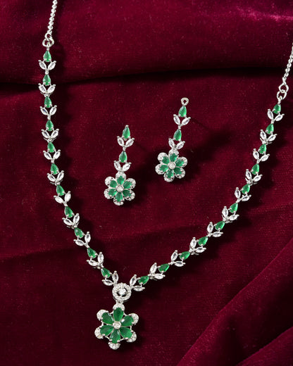 VOJ Silver Plated Green Stone Floral AD Jewellery Set - Distacart