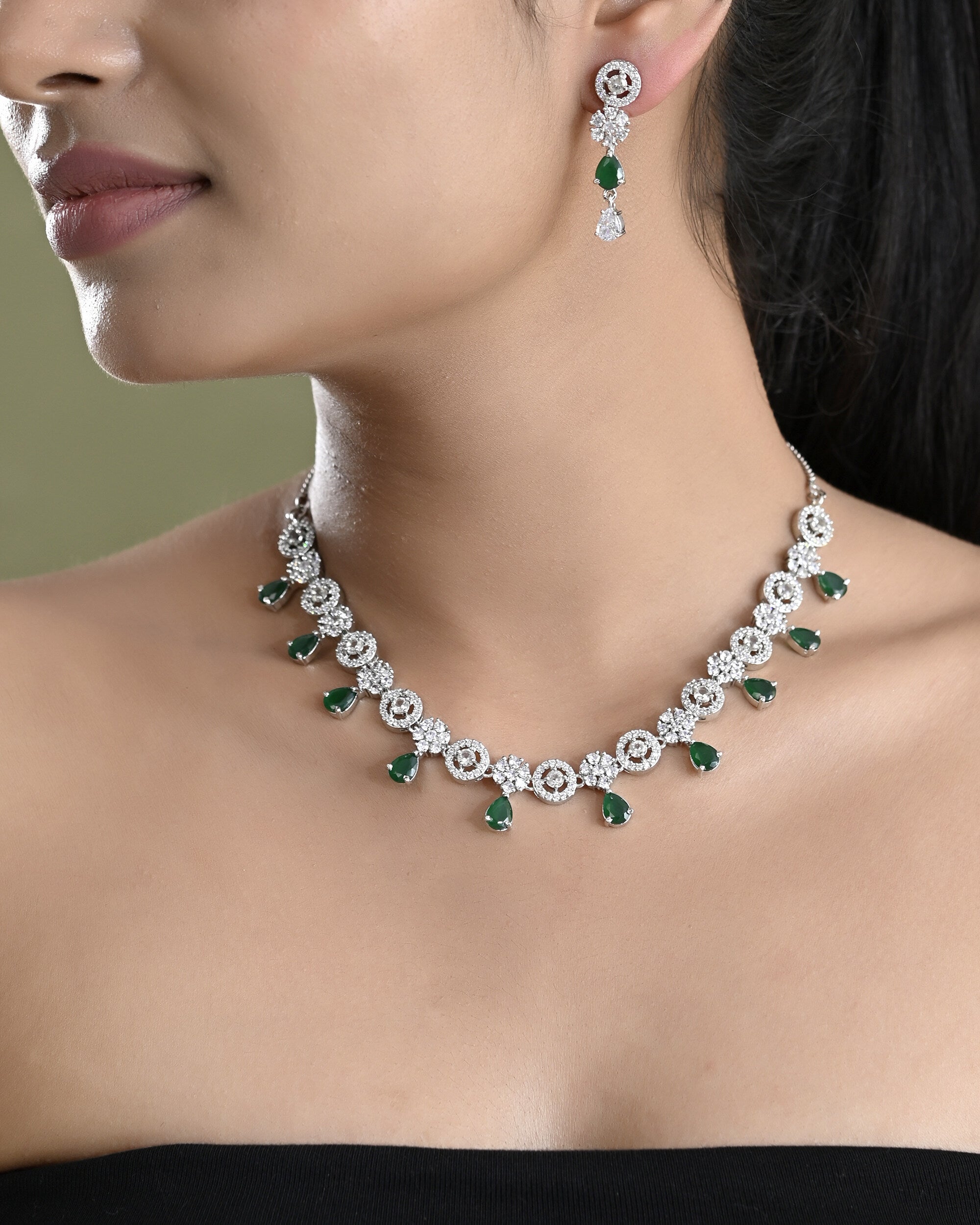 VOJ Silver Plated Green Stone Cricular AD Jewellery Set - Distacart