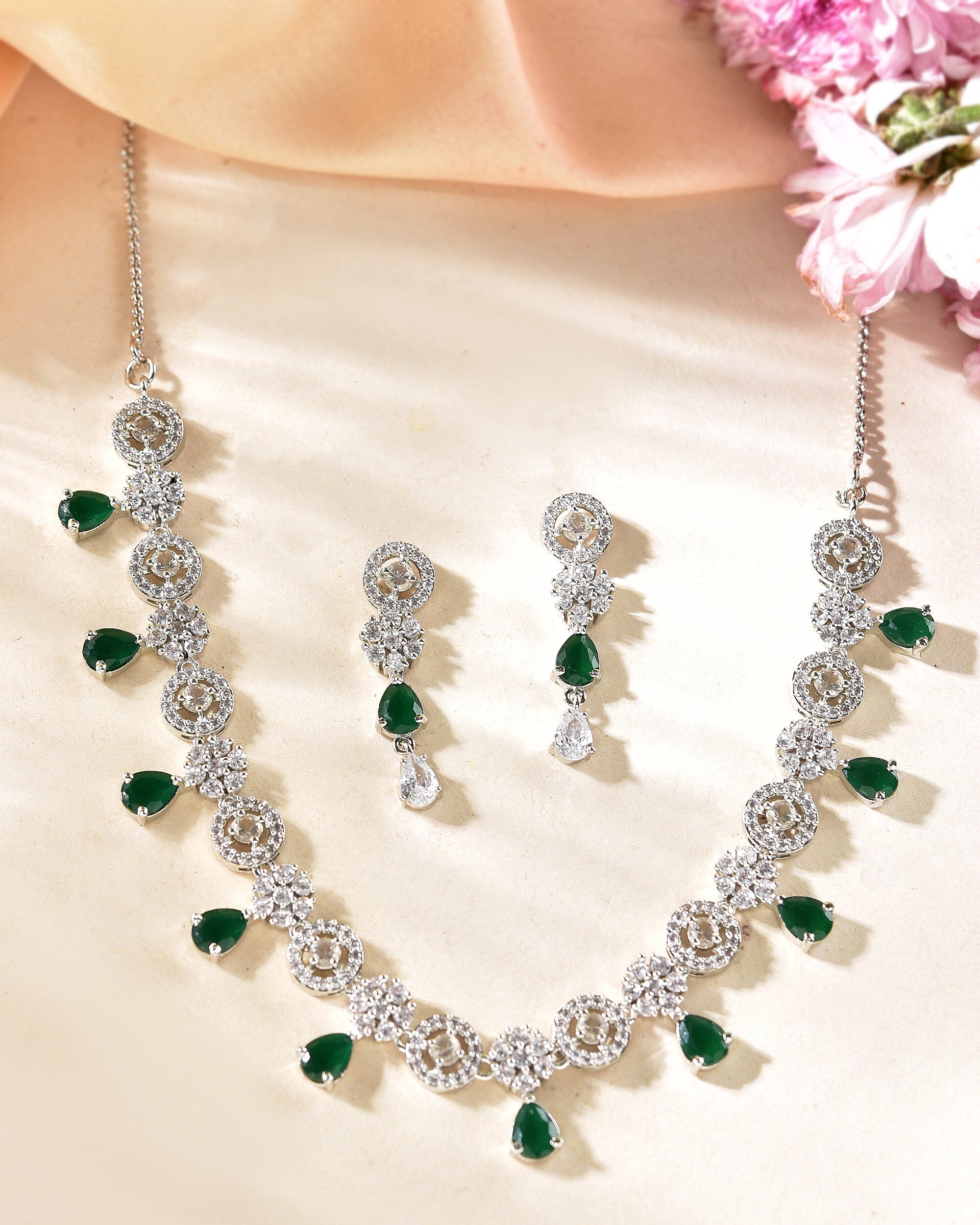 VOJ Silver Plated Green Stone Cricular AD Jewellery Set - Distacart