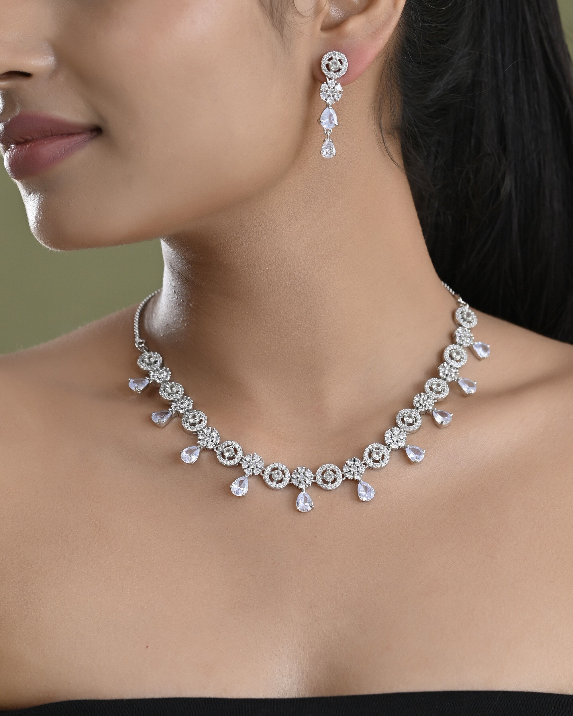 VOJ Silver Plated Floral And Cricular AD Jewellery Set - Distacart