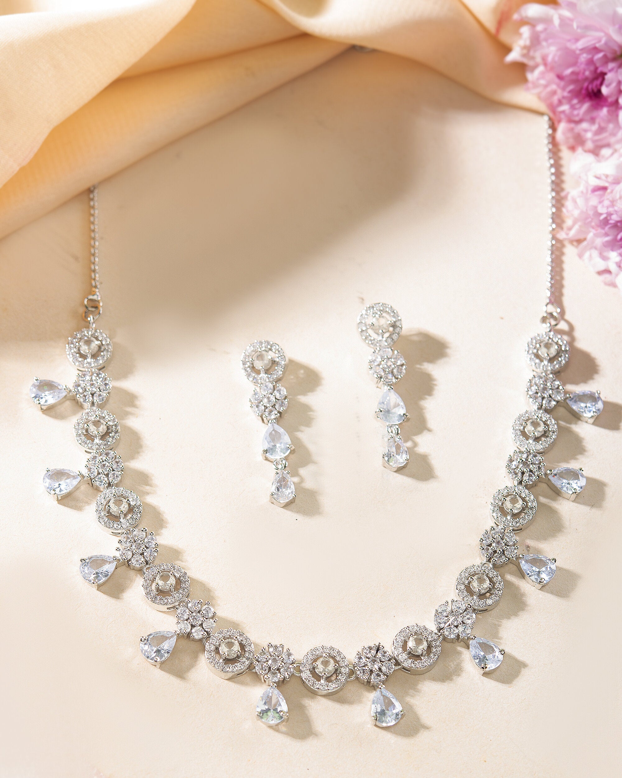 VOJ Silver Plated Floral And Cricular AD Jewellery Set - Distacart