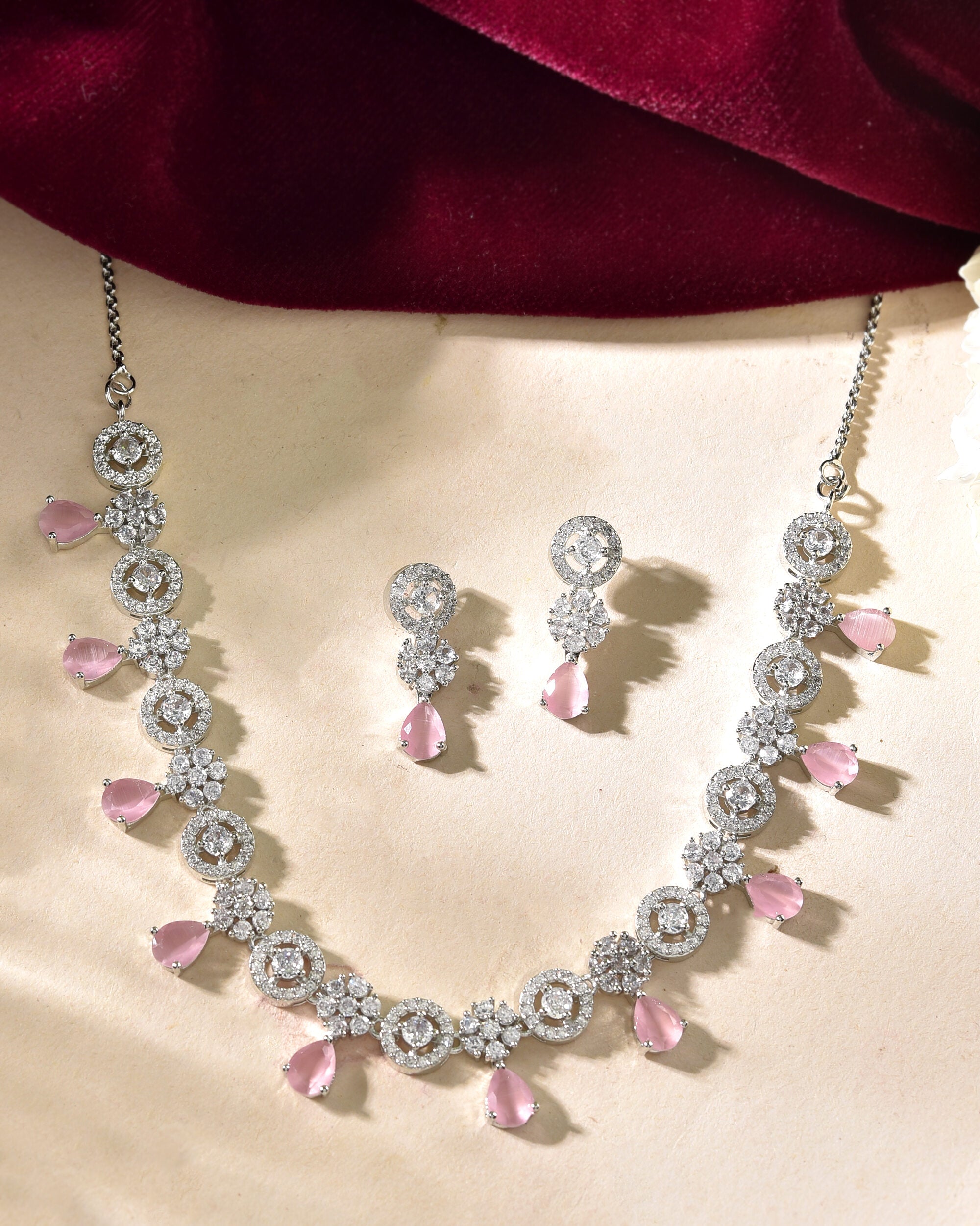 VOJ Silver Plated Baby Pink Stone Floral And Cricular AD Jewellery Set - Distacart