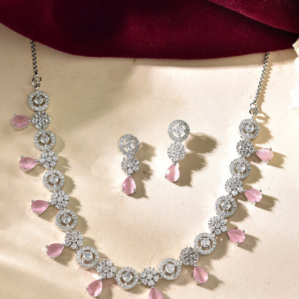 VOJ Silver Plated Baby Pink Stone Floral And Cricular AD Jewellery Set - Distacart