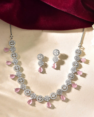 VOJ Silver Plated Baby Pink Stone Floral And Cricular AD Jewellery Set - Distacart