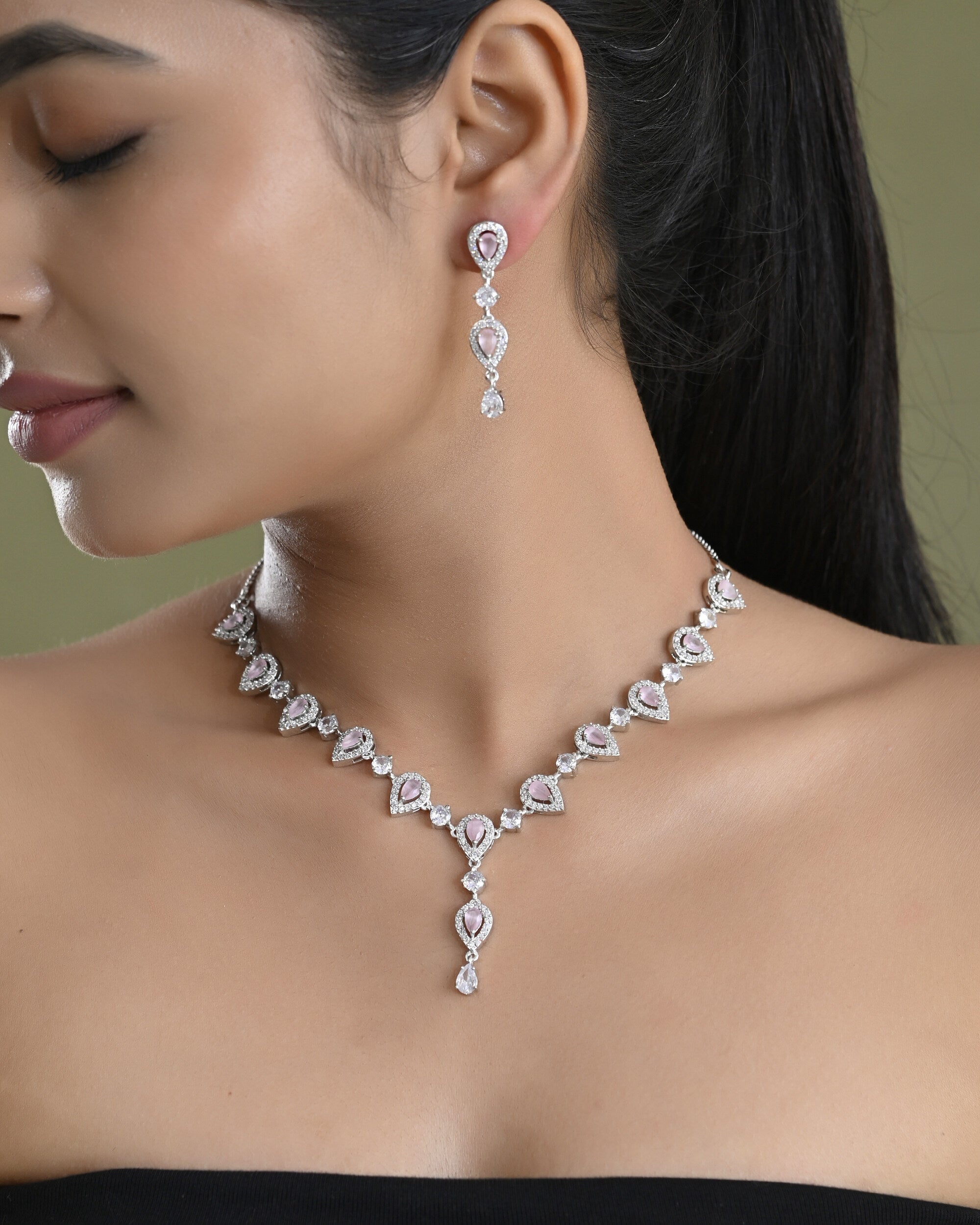 VOJ Silver Plated Baby Pink Stone Tear Drop Shaped AD Jewellery Set - Distacart