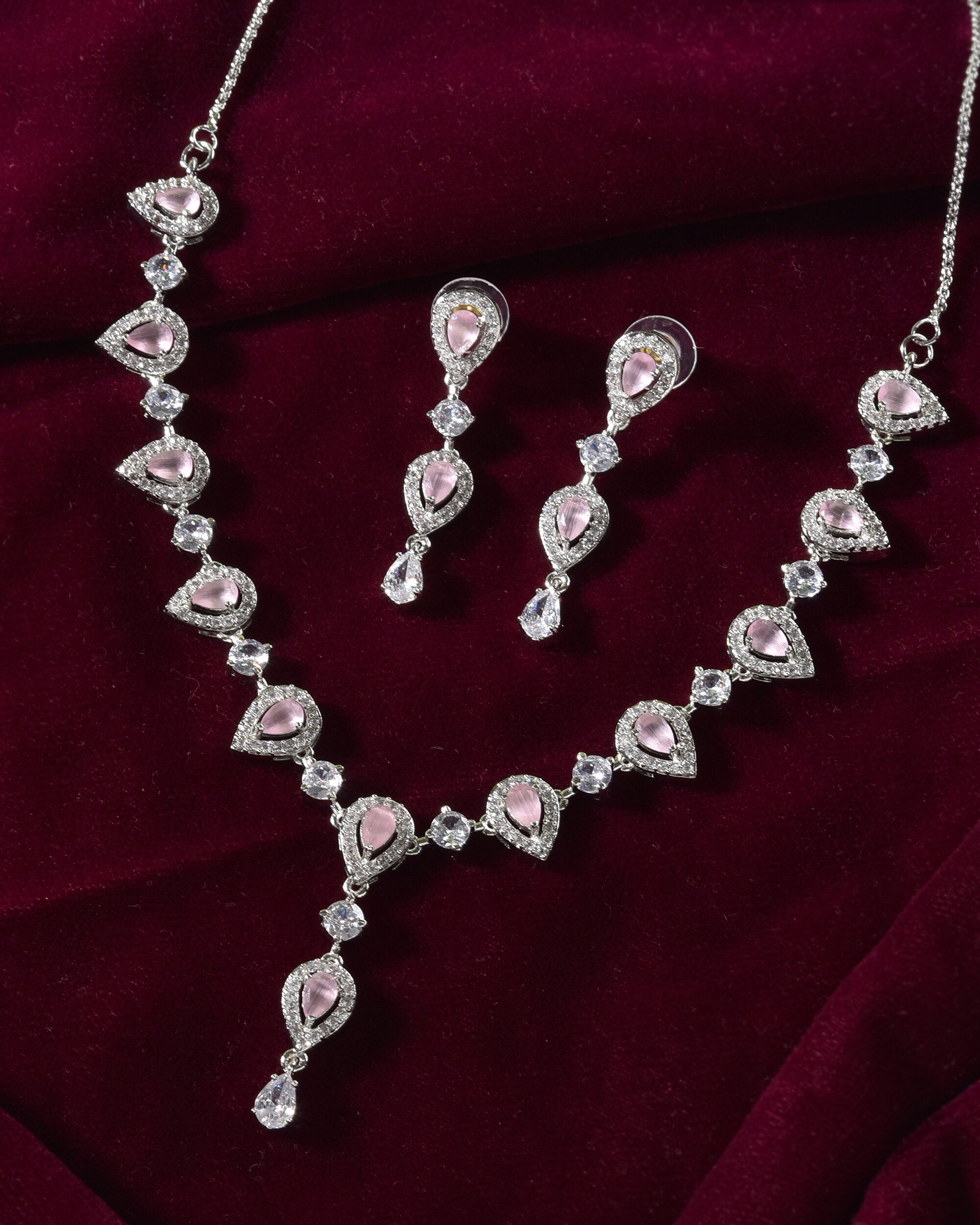 VOJ Silver Plated Baby Pink Stone Tear Drop Shaped AD Jewellery Set - Distacart