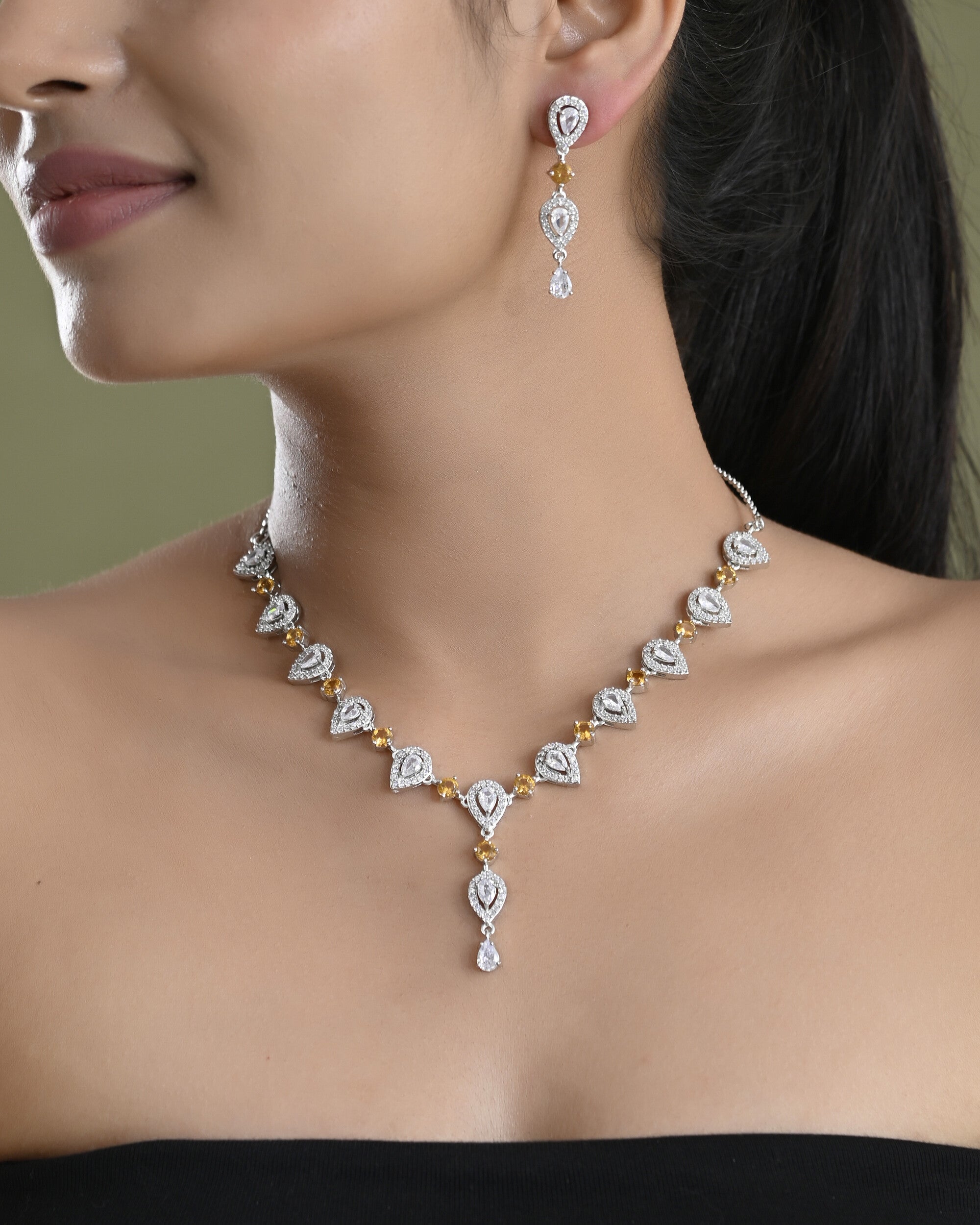 VOJ Silver Plated Yellow Stone Tear Drop Shaped AD Jewellery Set - Distacart