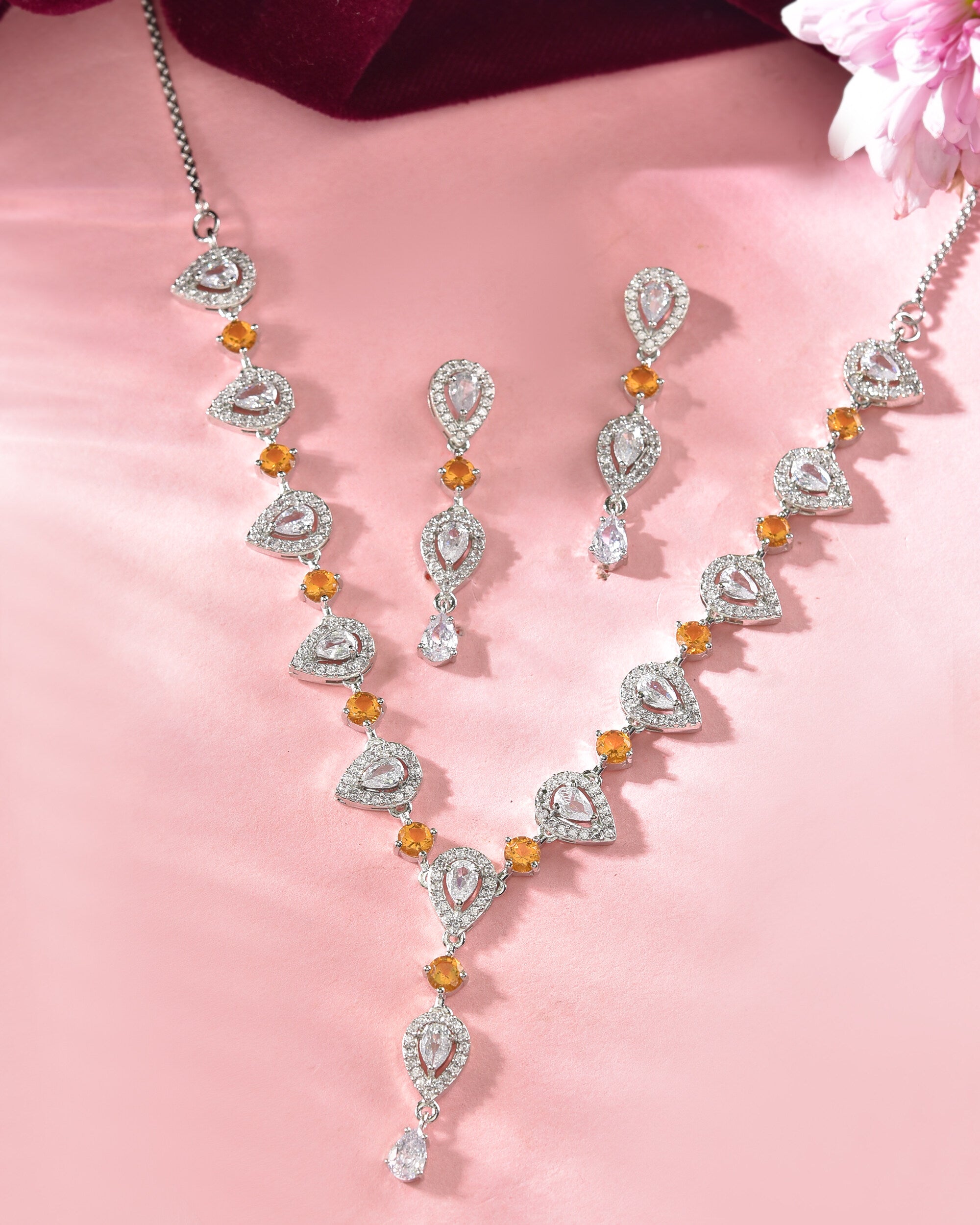 VOJ Silver Plated Yellow Stone Tear Drop Shaped AD Jewellery Set - Distacart