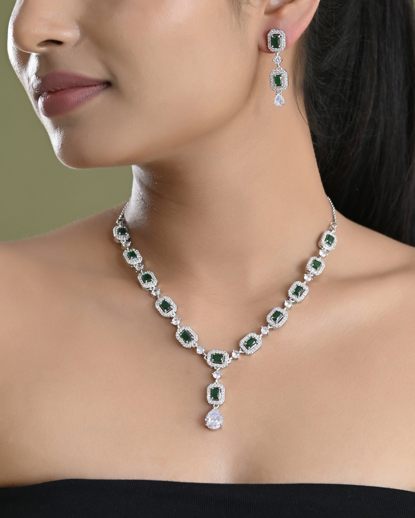 VOJ Silver Plated Green Stone Geometrical Shaped AD Jewellery Set - Distacart