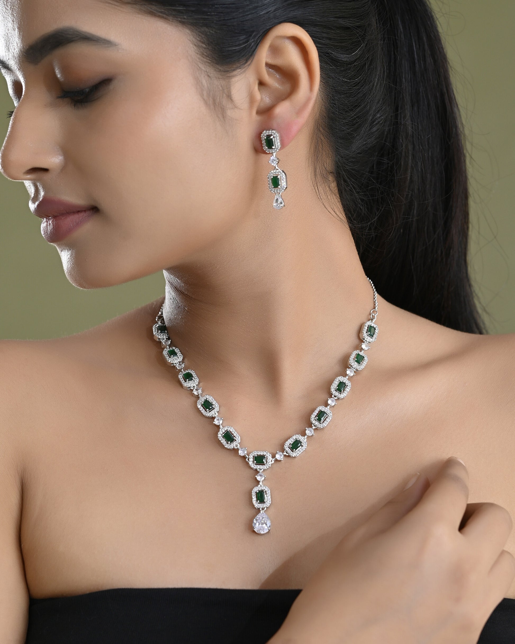 VOJ Silver Plated Green Stone Geometrical Shaped AD Jewellery Set - Distacart
