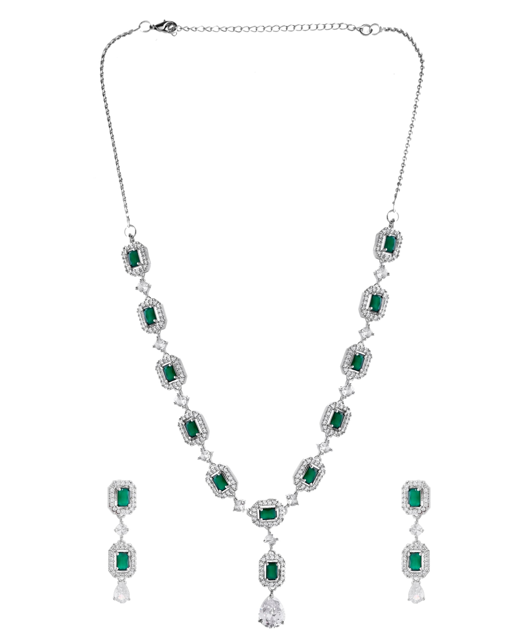 VOJ Silver Plated Green Stone Geometrical Shaped AD Jewellery Set - Distacart