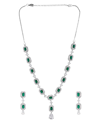 VOJ Silver Plated Green Stone Geometrical Shaped AD Jewellery Set - Distacart