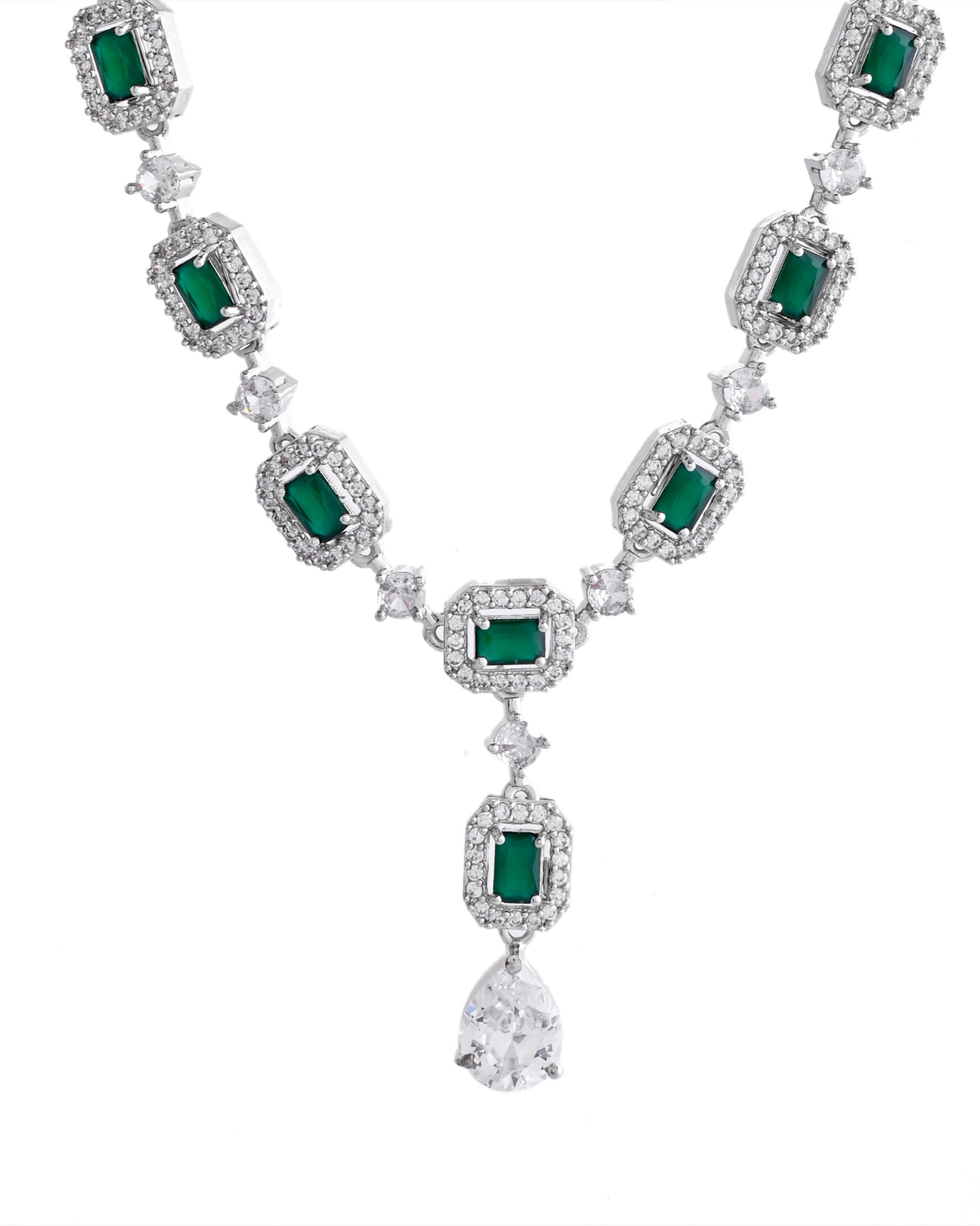 VOJ Silver Plated Green Stone Geometrical Shaped AD Jewellery Set - Distacart